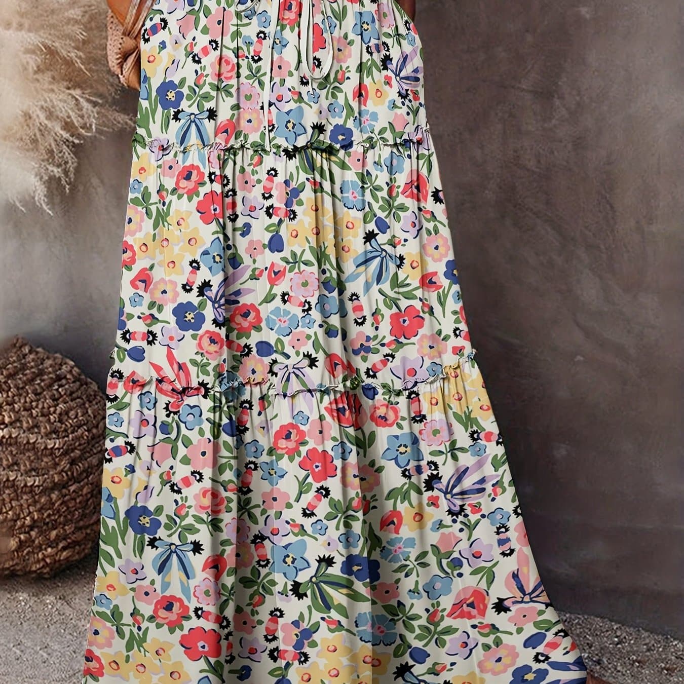 TEMU Women'/summer Floral Print Maxi Skirt - Vibrant , Casual Polyester, High-waisted With Hem Detail, Outdoor Skirt| Hem Skirt| Texture