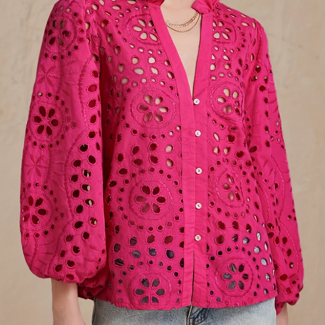 TEMU Women's Embroidered Hollow Fabric Casual Long-sleeved Shirt