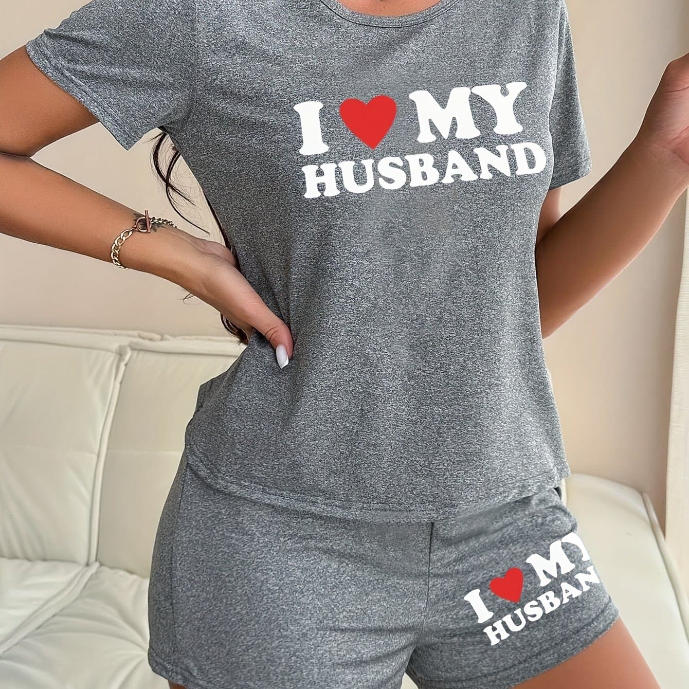TEMU Women's Short Sleeve Pajama Set With 'i Love My Husband' Design