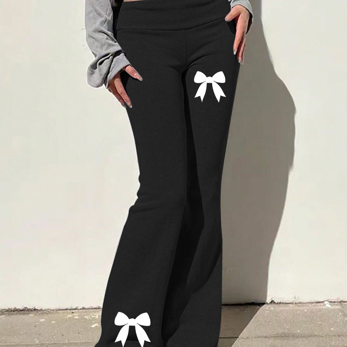 TEMU White Bow Tie Side Printed Women's -waisted Fit Flared Casual Long Pants