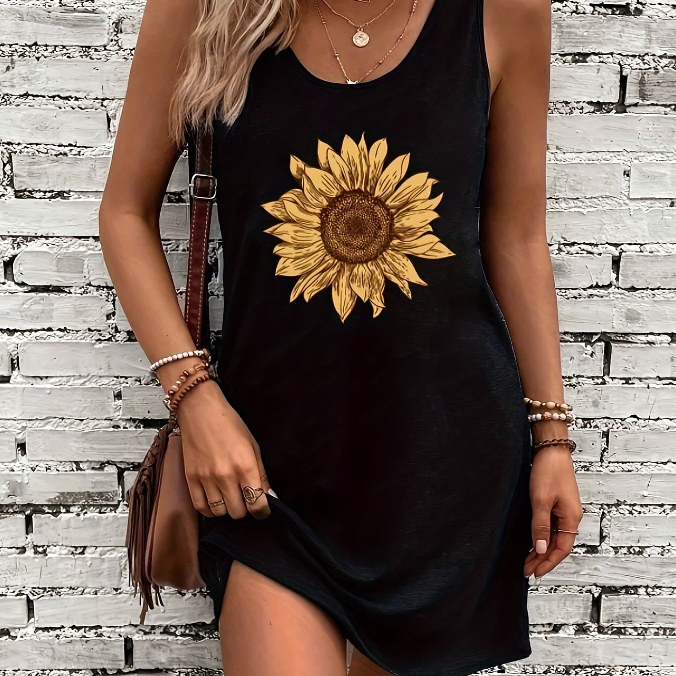 TEMU Women's Casual Round-neck Sundress With Sunflower Print