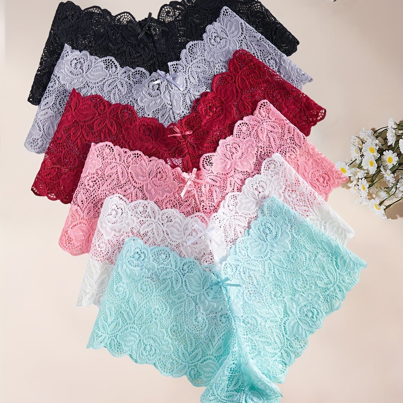 TEMU 6pcs Yincoco Women's Semi-sheer Briefs - Hand- Floral Underwear With Hollow Out Lace, Mid-rise Panty, Elegant & Comfortable For Special Occasions (6pcs) - Stock
