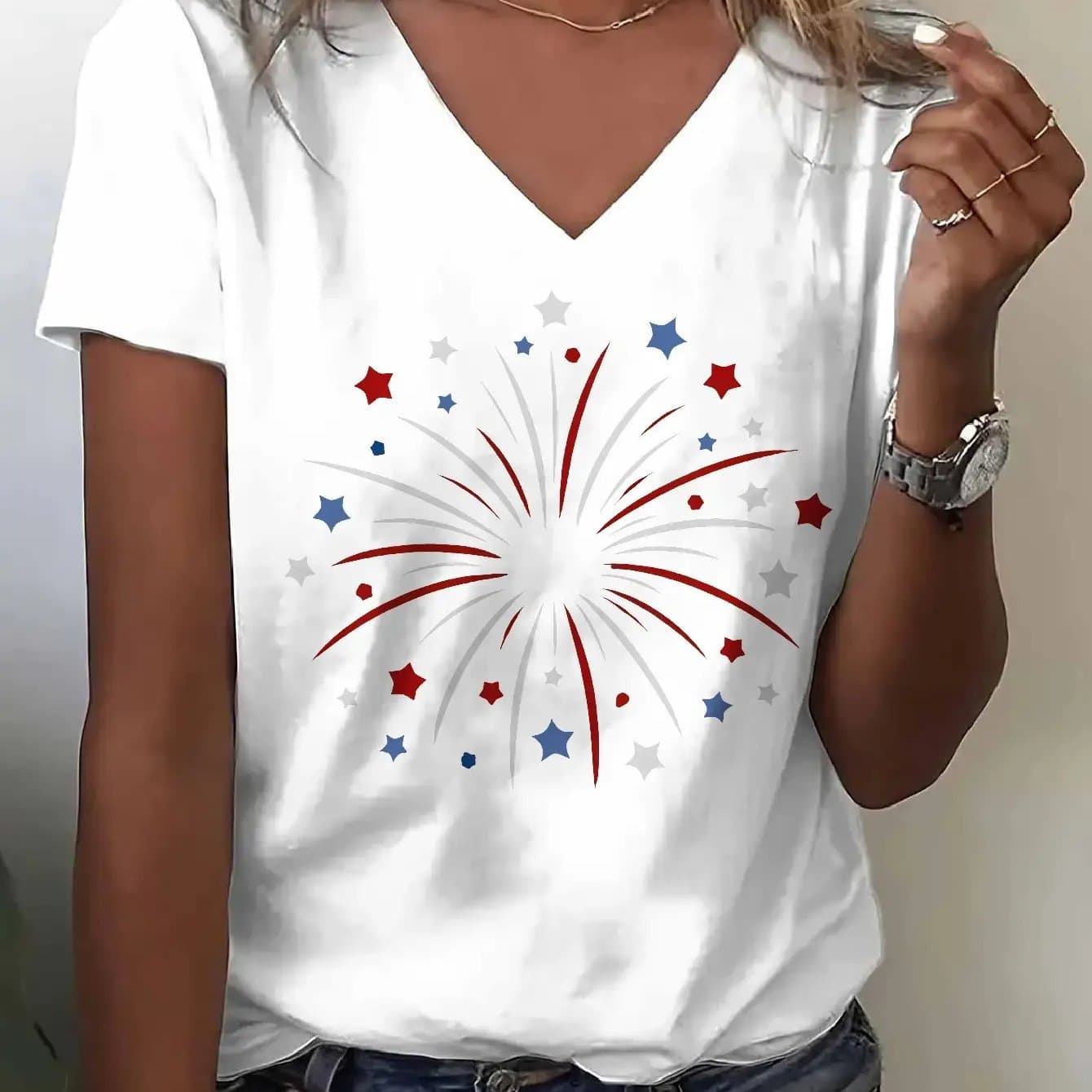 TEMU Short-sleeve V-neck T-shirts For Women And Men Featuring A Red And Blue Fireworks Design. Ideal For Casual , Parties, Or Holiday Gifts. -washable Top Is Suitable For All