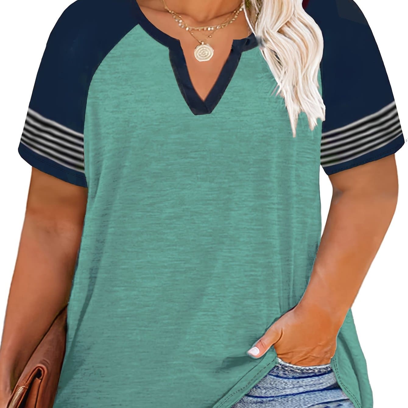 TEMU Plus Size - Plus Size - Women's Plus-size Tops Raglan V-neck Casual T-shirts Striped Short Sleeve Tunics