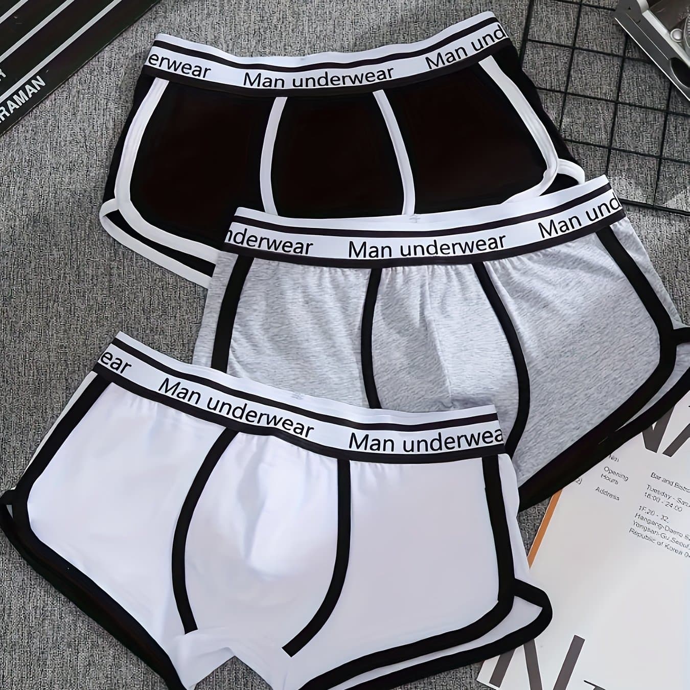 TEMU Men's Boxer Briefs 3-pc With Contrast Binding, Comfortable Breathable Knit Fabric, Solid Color, Elastic Waistband, Underpants For Daily & Casual Wear Underwear Boxer Shorts