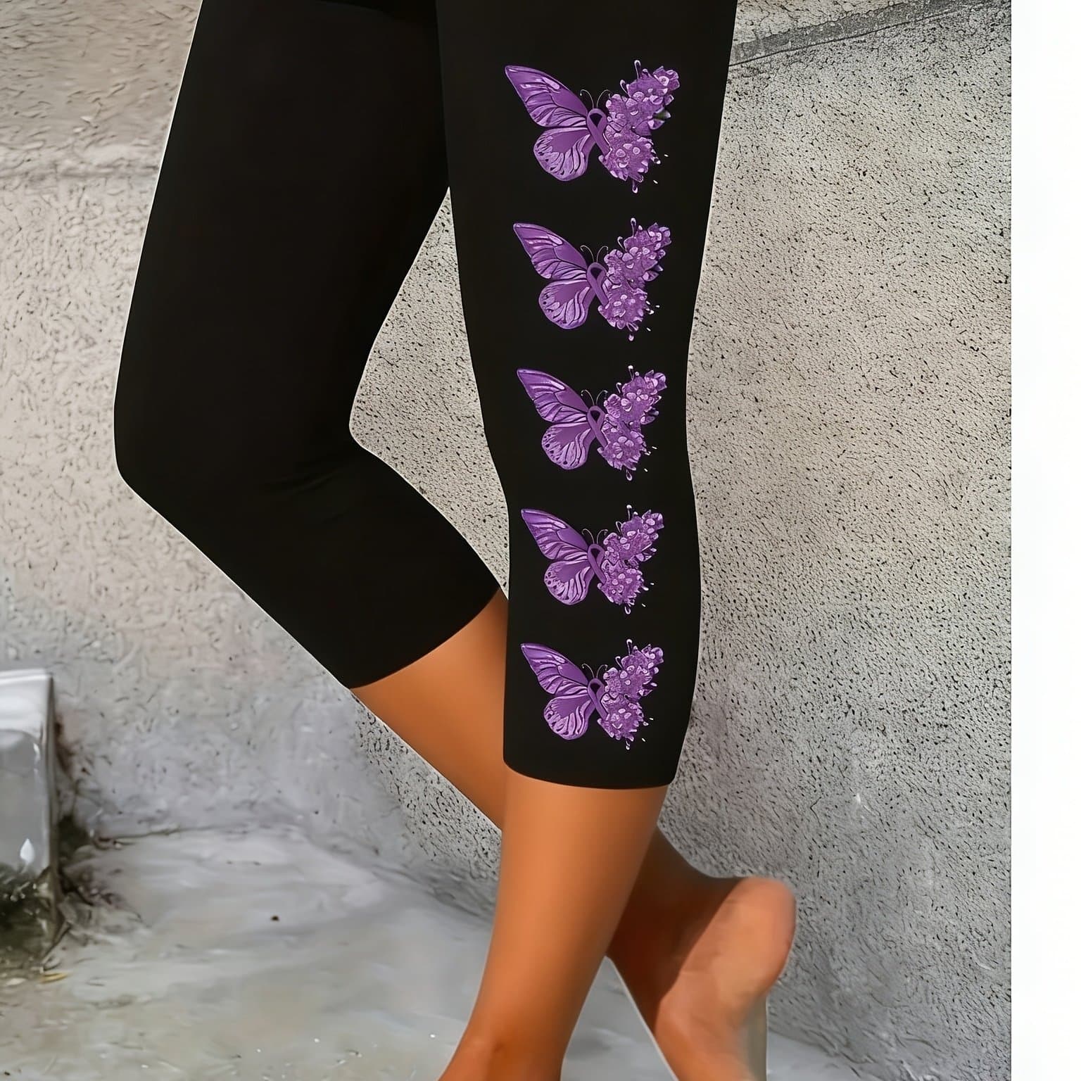 TEMU Women's High Waist Purple Pattern Printed Tight Leggings- Stretchy Black Pants, Suitable For All , Daily Casual Wear, Machine Washable Semi-transparent