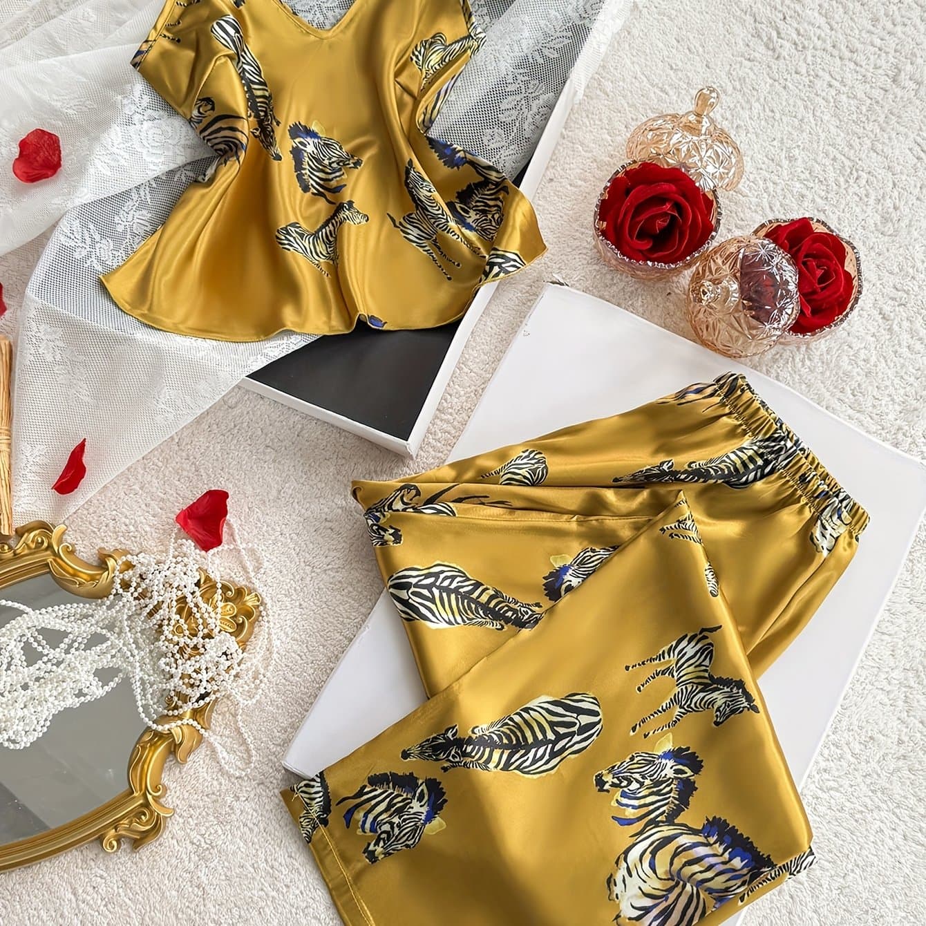 TEMU Retro Leopard Print Sexy Pajama Set | V-neck, Comfortable Sleepwear For Adults