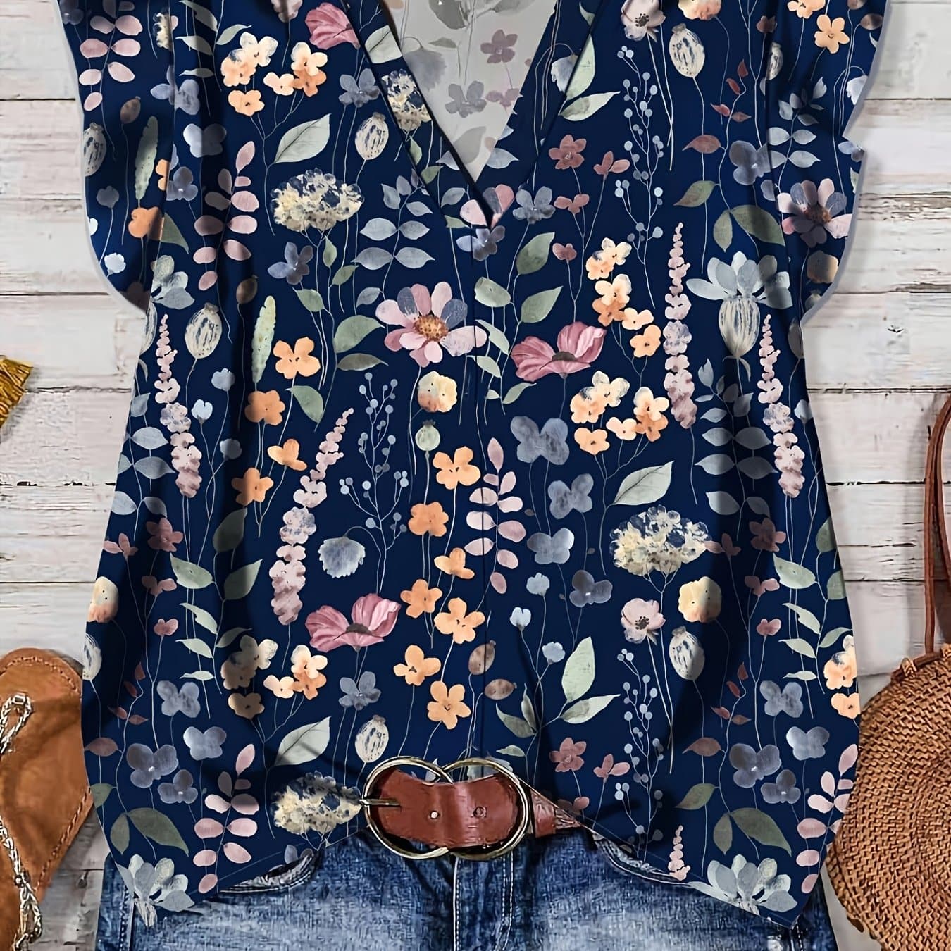 TEMU Elegant Directional Floral Pattern Women's Blue Casual Shirt, Suitable For Summer