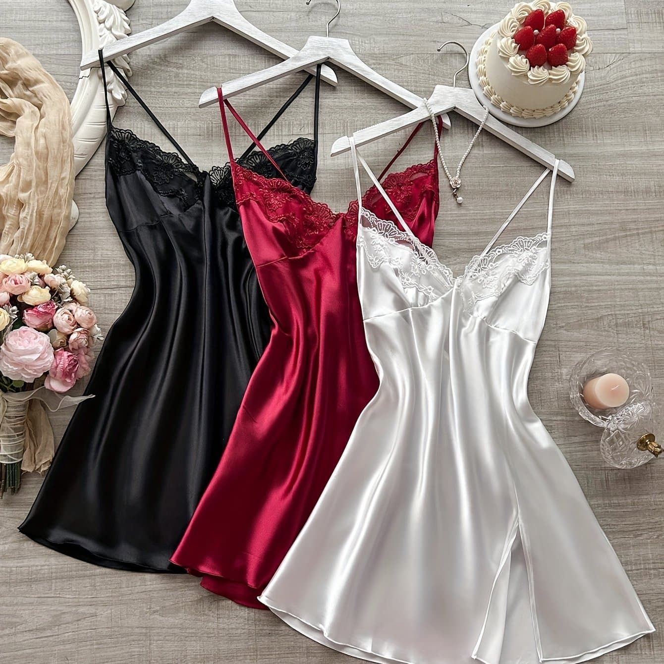 TEMU 3pcs Women's Lace Splicing V-neck Sexy Camisole Nightgown Set