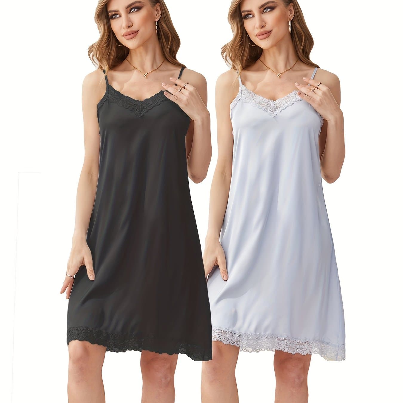 TEMU Women's Elegant Nightgown Set, 2-pack Adjustable Spaghetti Strap Sleep Dresses With Lace Trim Detail, Comfortable Lightweight Nightwear