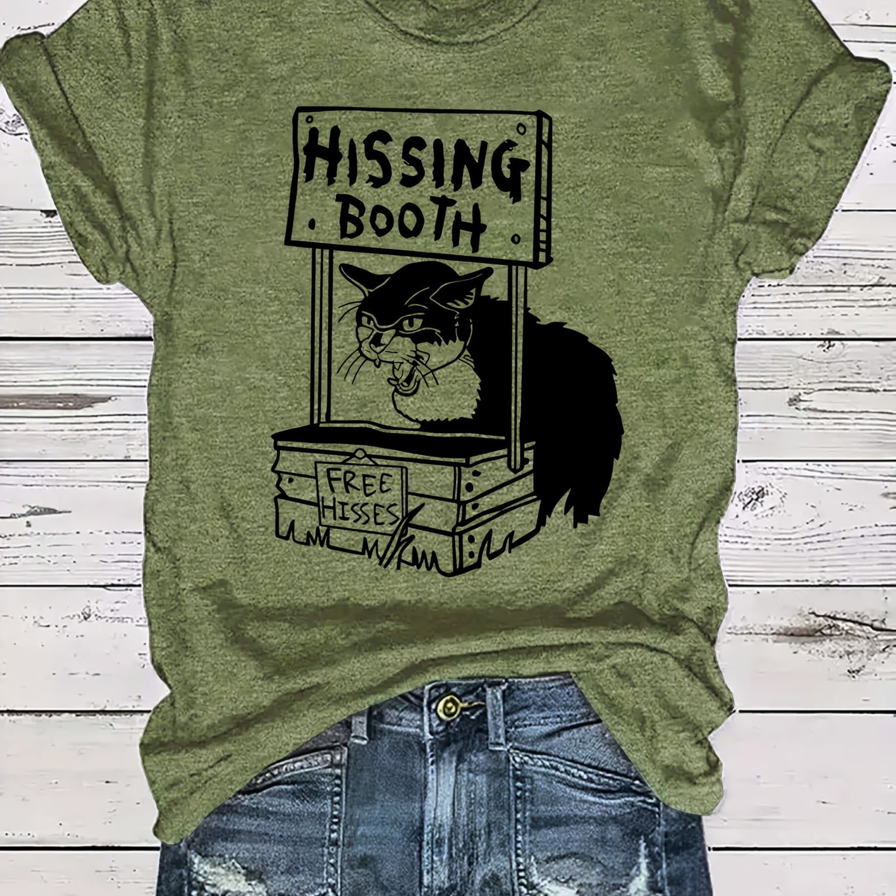 TEMU Cat Letter Element Printed Women's Summer Outfit Version Round Neck T-shirt