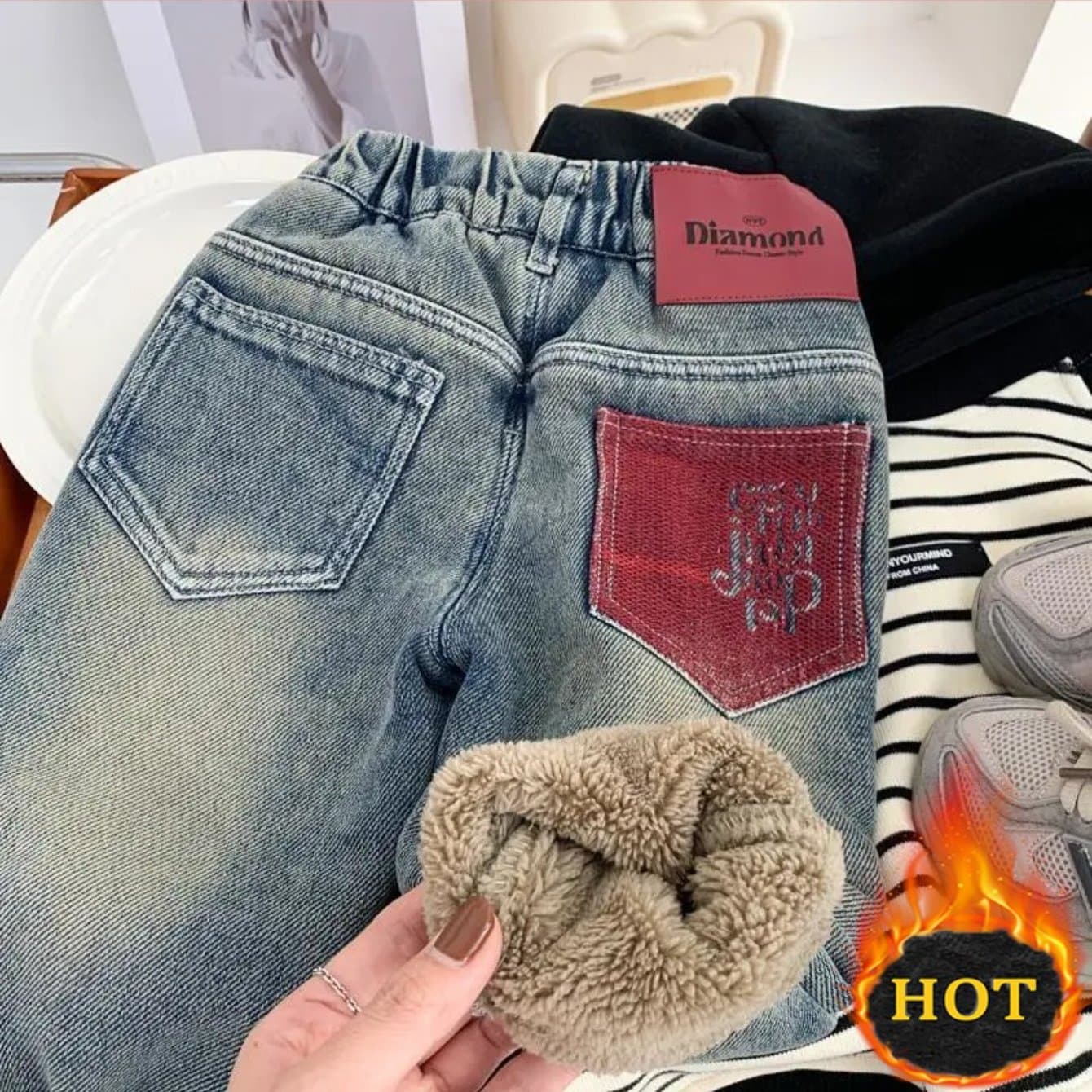 TEMU Kids' Winter Fleece Jeans - Thick Alpaca Fleece Lined Denim Pants For Boys And Girls, Warm Loose Fit Trousers