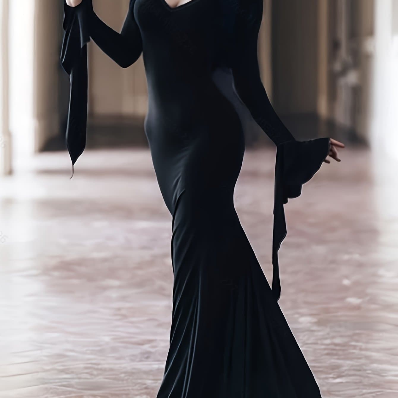 TEMU New Women's Gothic Style Dark Halloween V-neck Long-sleeve Dress, Fashionable And Form-fitting, With -length Sexy Design