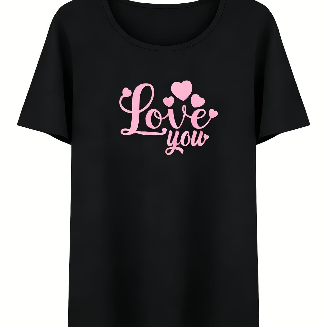 TEMU Single Round Neck T-shirt, Women's Casual "love You" Print Black Round Neck Short Sleeve Pink Base Black Heart Full Print Pajamas(only Top)