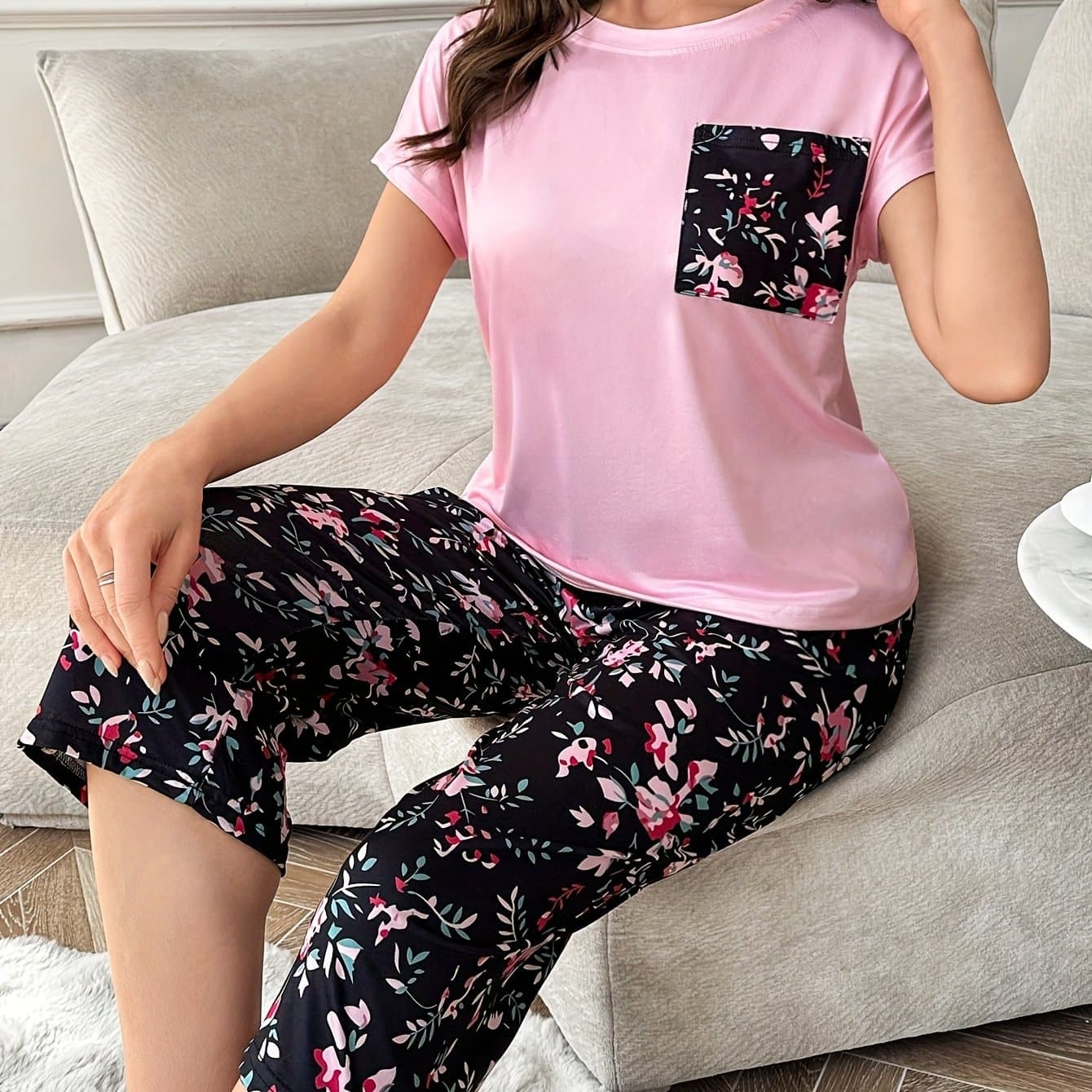 TEMU Women's Mid-length Short Sleeve Pocket Printed Pajama Set, Wearable Outside
