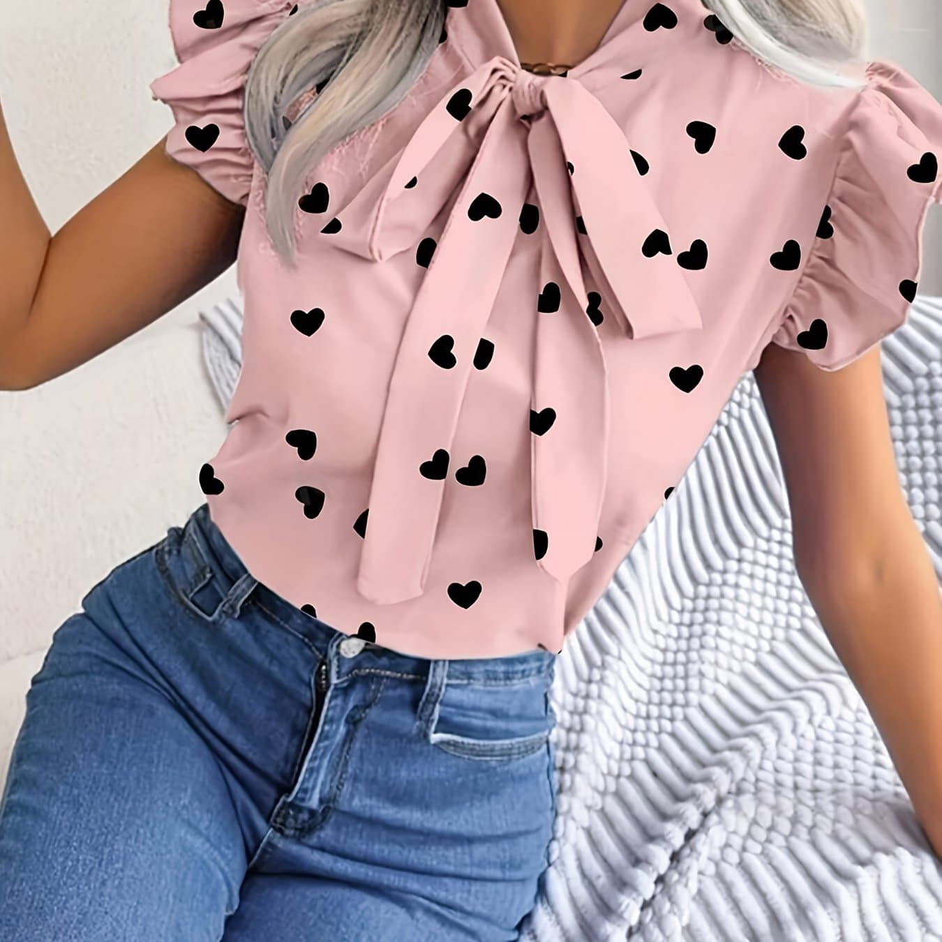 TEMU Women's Heart-patterned Sleeve Front-tie Shirt