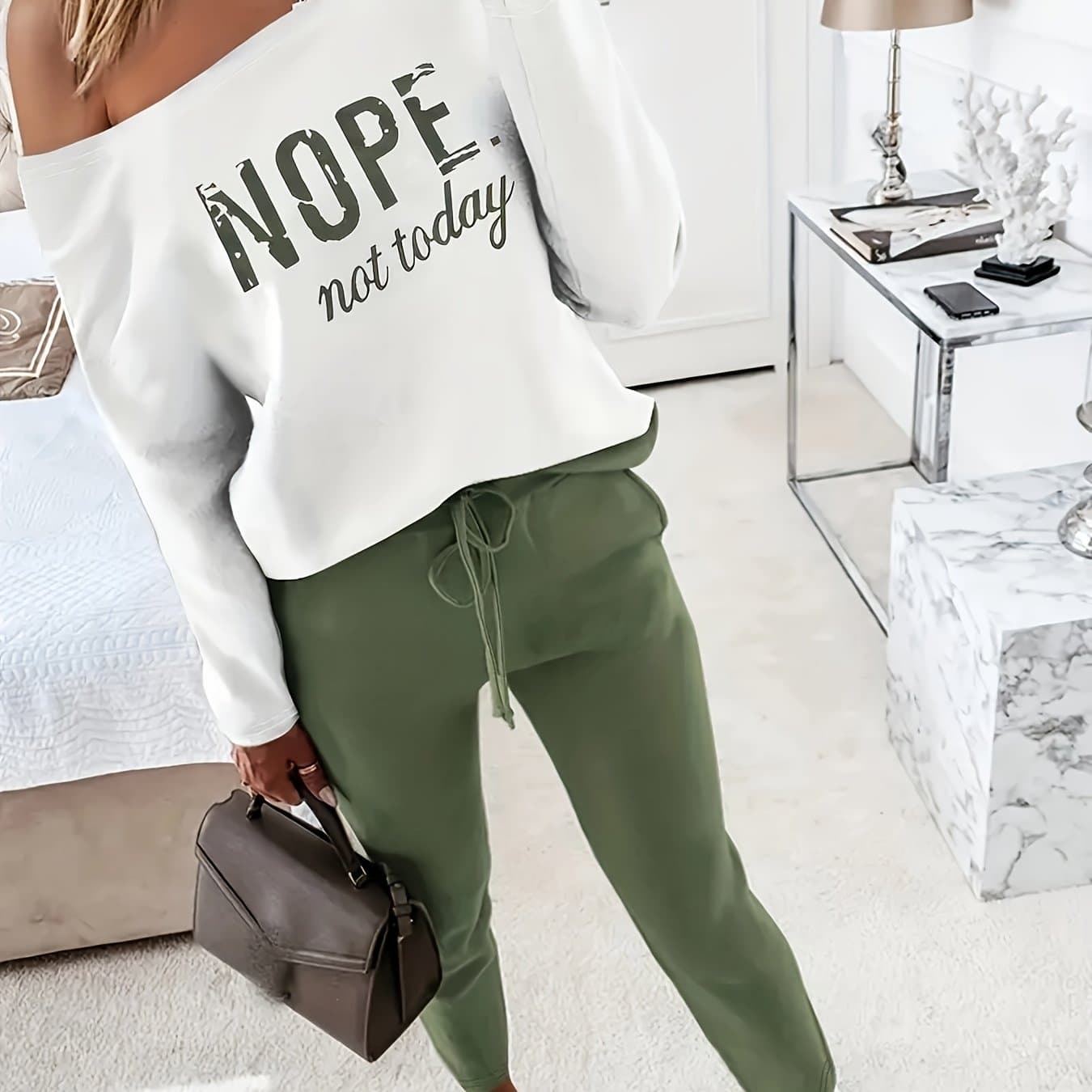 TEMU Casual Letter Print Long Sleeve T-shirt And Extended Pants 2pcs Set