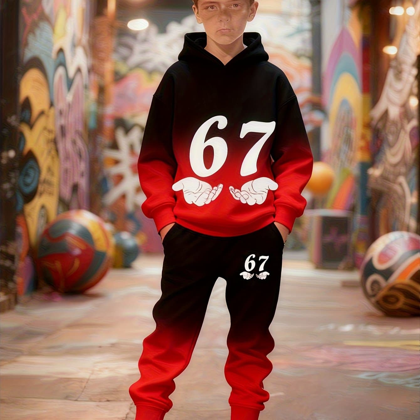TEMU Boys' Casual Outfit Set Featuring A Hooded Sweatshirt And Pants With A 3d Graphic Print Of Number 67 In Red, Perfect For Outdoor Activities