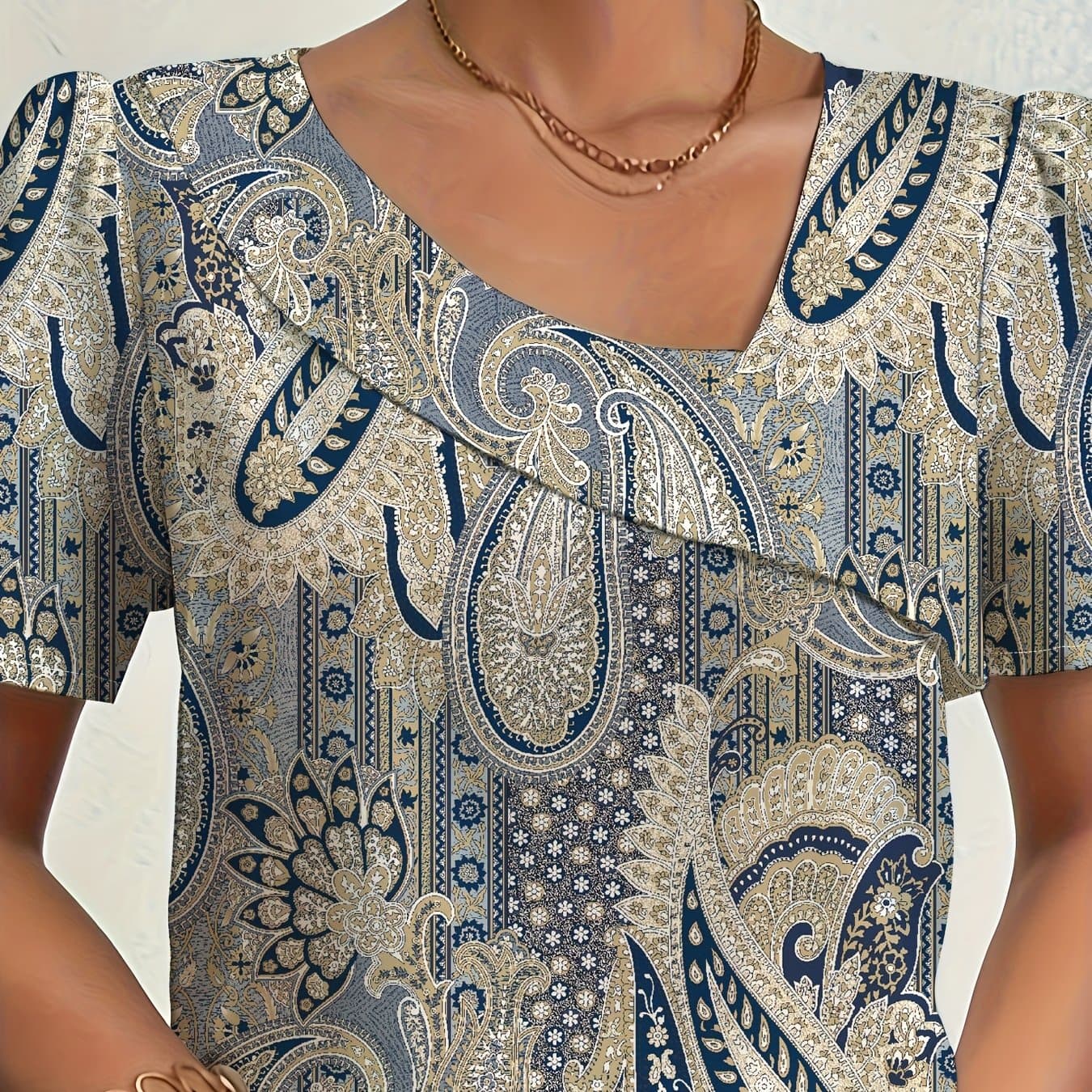 TEMU Women's Spring/summer New Irregular Neckline Printed Short Sleeve Top