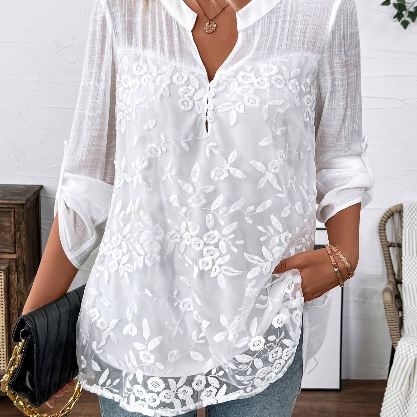 TEMU Women's Elegant Floral Embroidered Long Sleeve Top - 100%, Lace Detail, Round Neck Design, Perfect For Spring And Autumn Wear, Casual Wear | Floral Print Top | Fabric