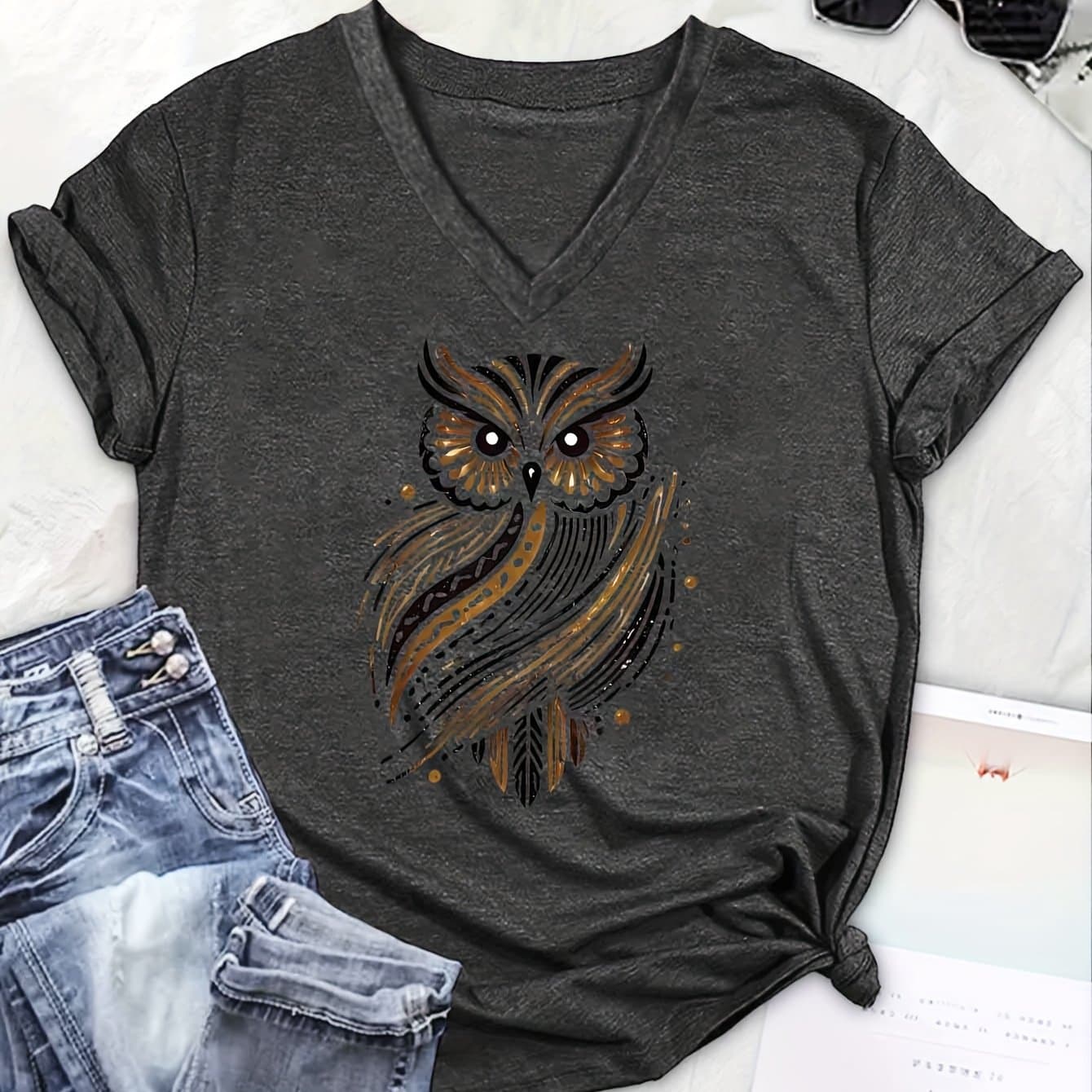 TEMU []summer Textured Totem Owl V-neck Short Sleeve T-shirt
