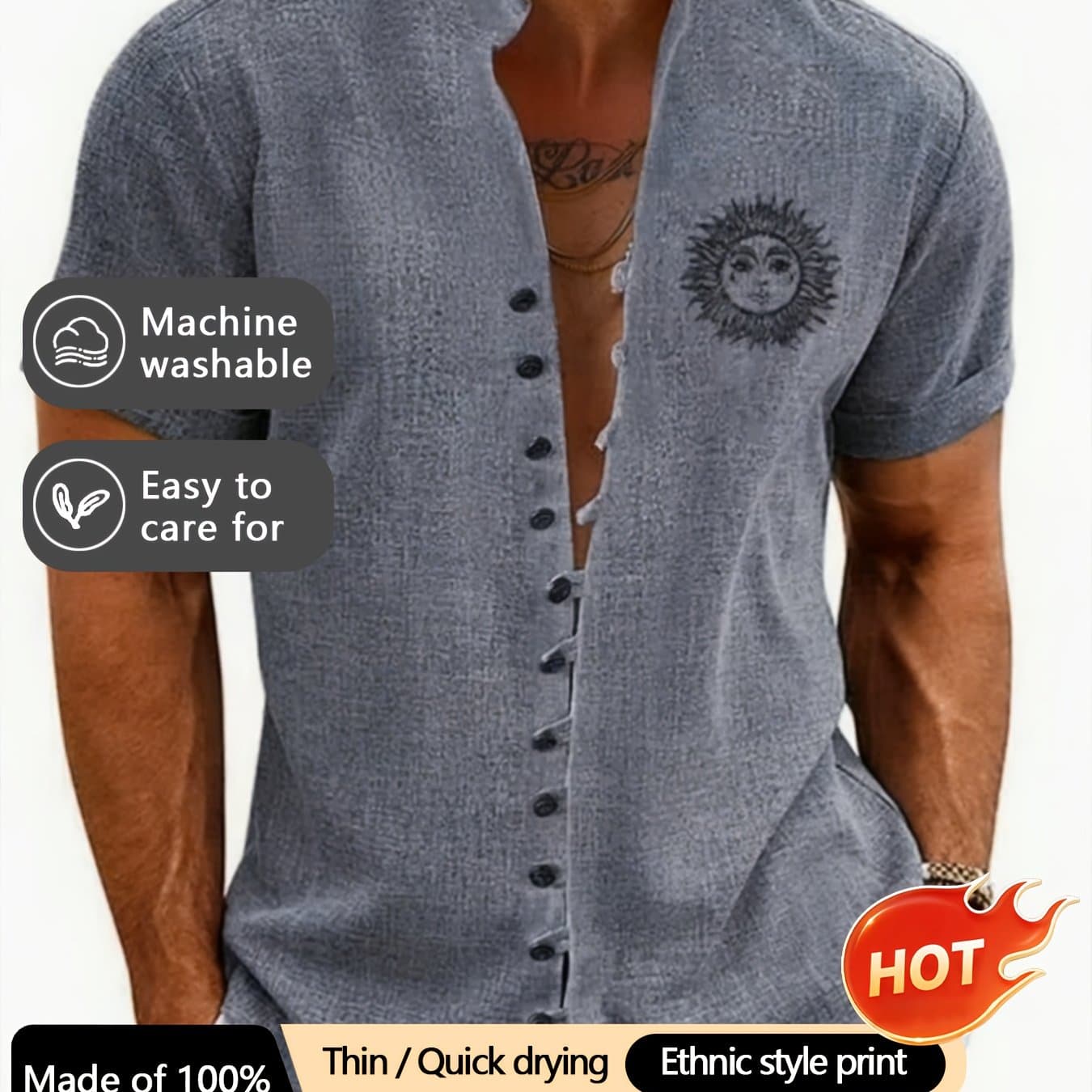 TEMU Bamboo Rayon Rayon Knot Hemp 11 Button Short Sleeved Shirt