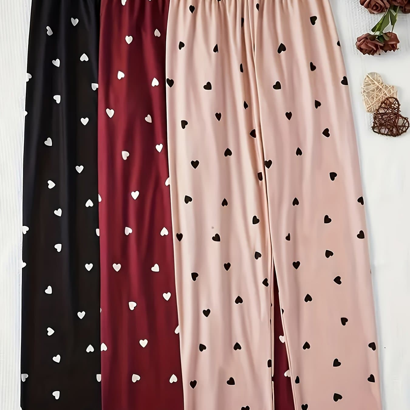 TEMU Plus Size 3-strip Pack Random Heart Print Women's Long Pants