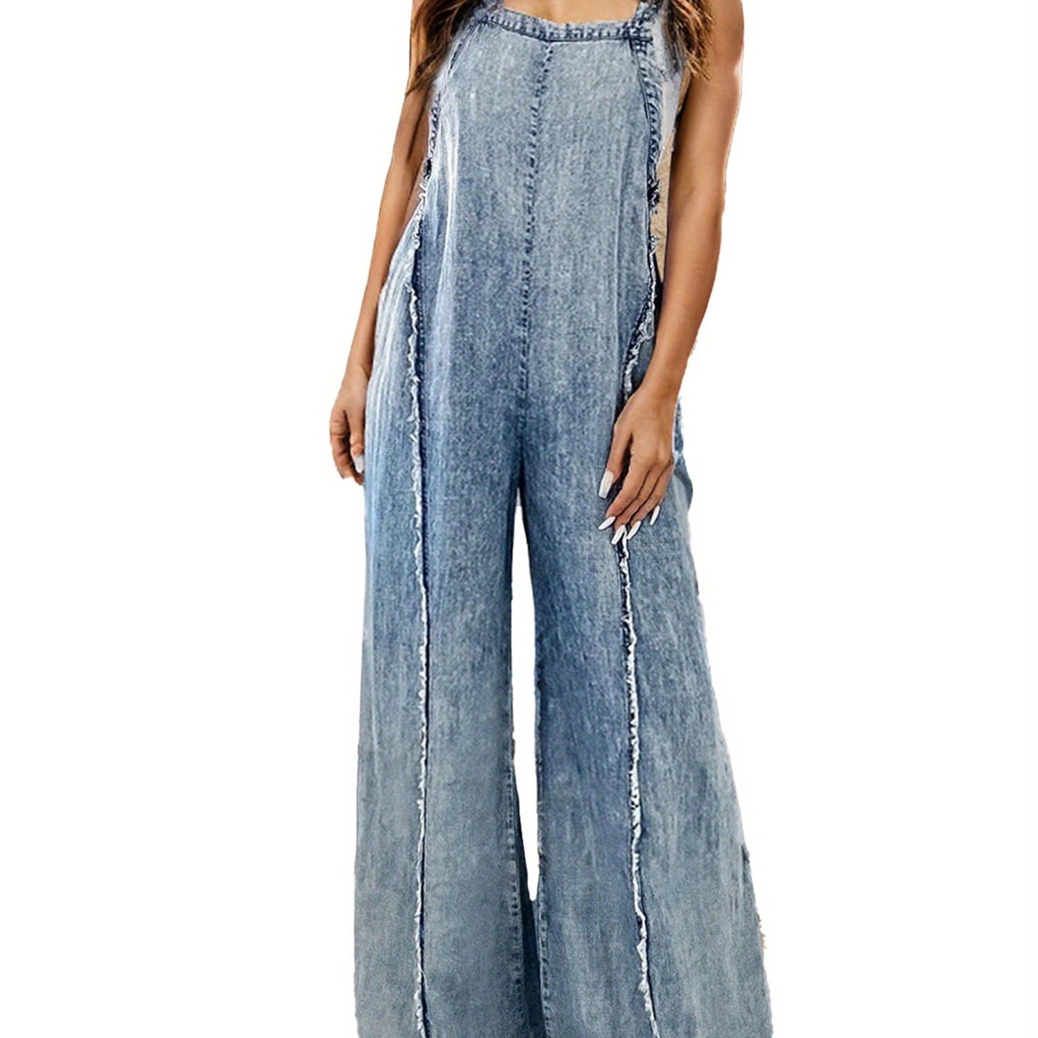 TEMU Women' Washed Denim Overalls - Loose Fit, Square Neck, Sleeveless Wide Leg Jumpsuit With Trim Detail, Adjustable Straps For