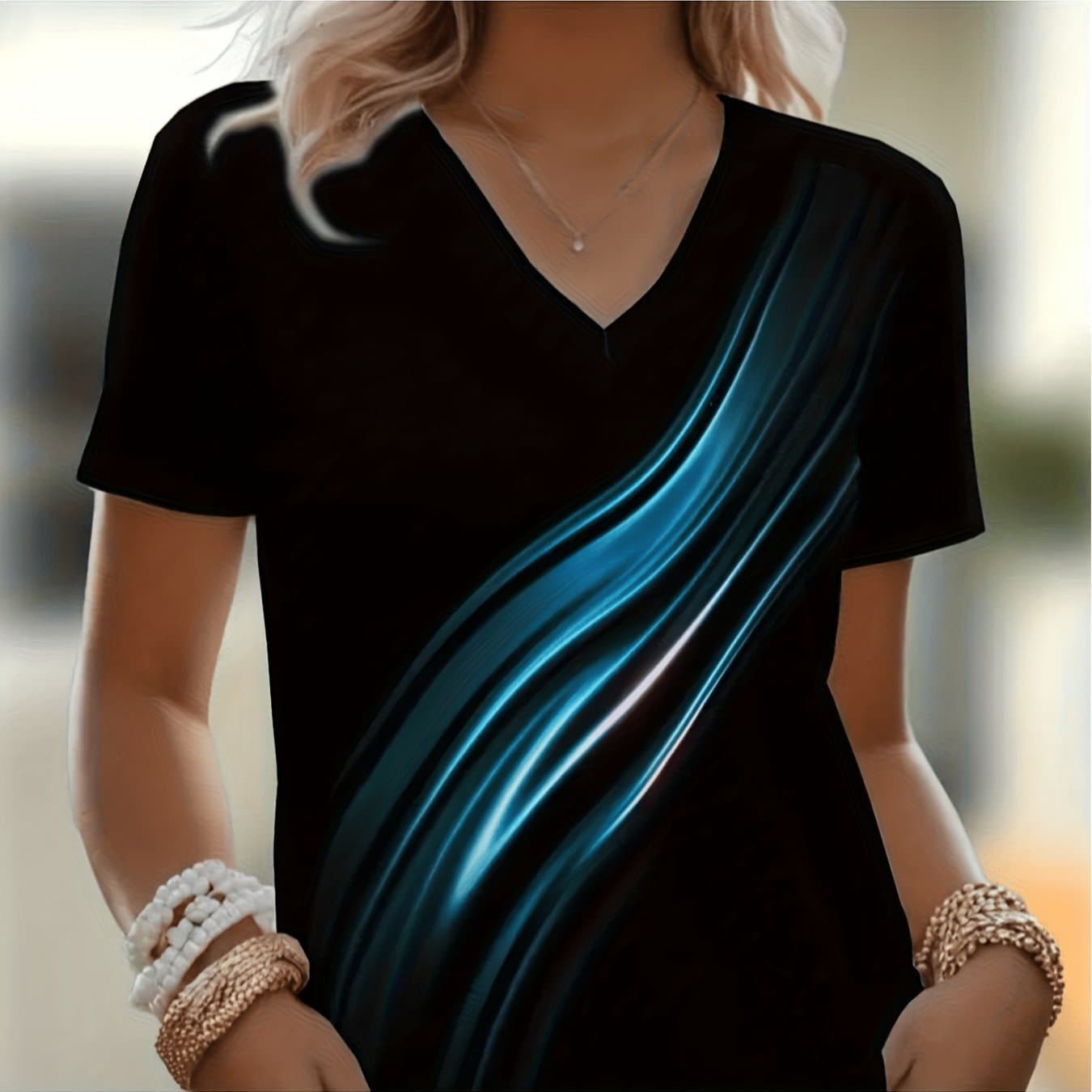 TEMU Neon Glow T-shirt Turquoise Green Purple Dark Background With Luminous Casual Short Sleeve Round Neck Top For Parties Night Out Casual Attire Machine Washable Blend Fabric Comfortable 's Clothing