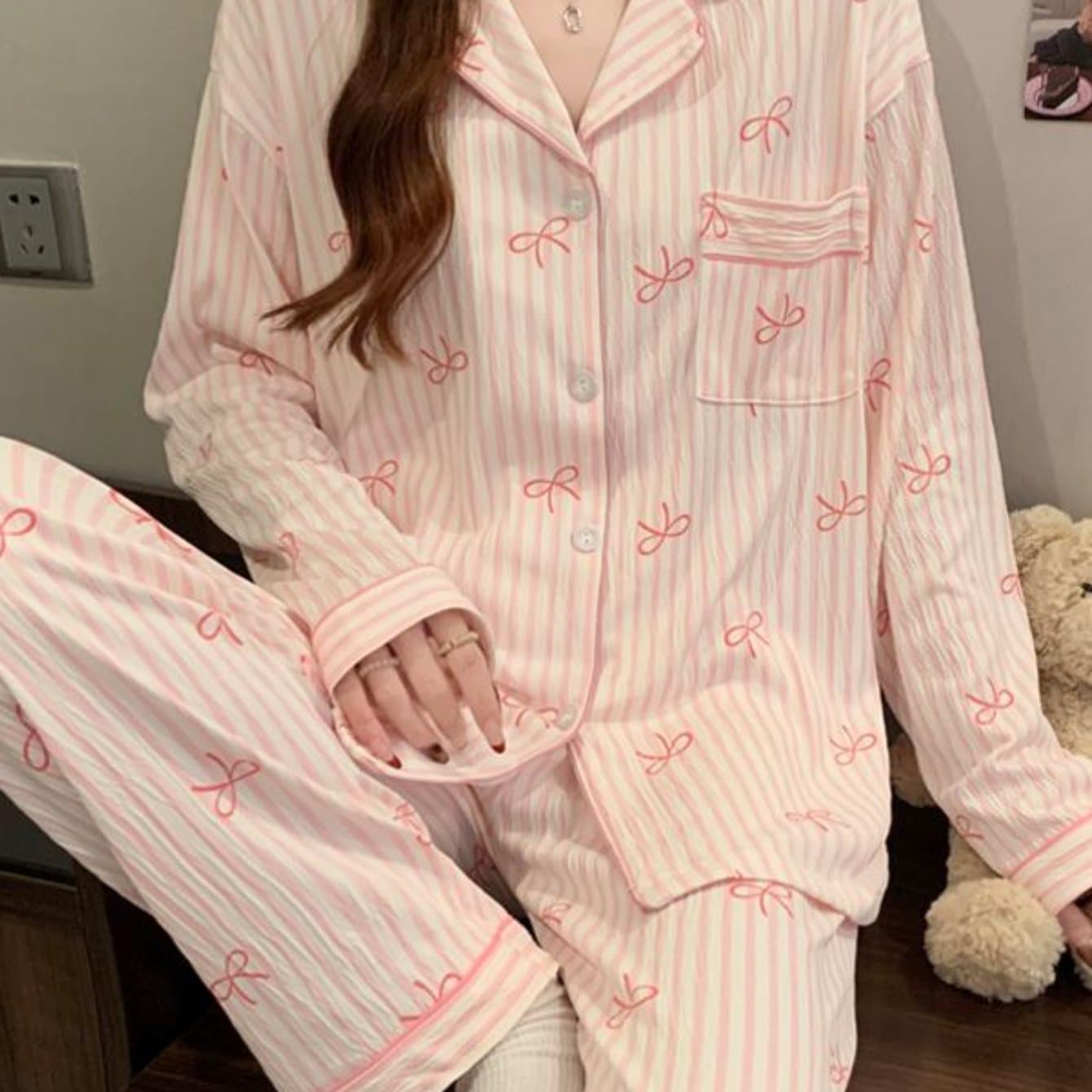 TEMU Pink Gentle Bow Striped Women's Pajamas Casual Fashion Dopamine Harajuku Literary Aesthetic Romantic Homewear 2025 Spring And Autumn New Cloth Long-sleeved Pants 2pcs Pajamas