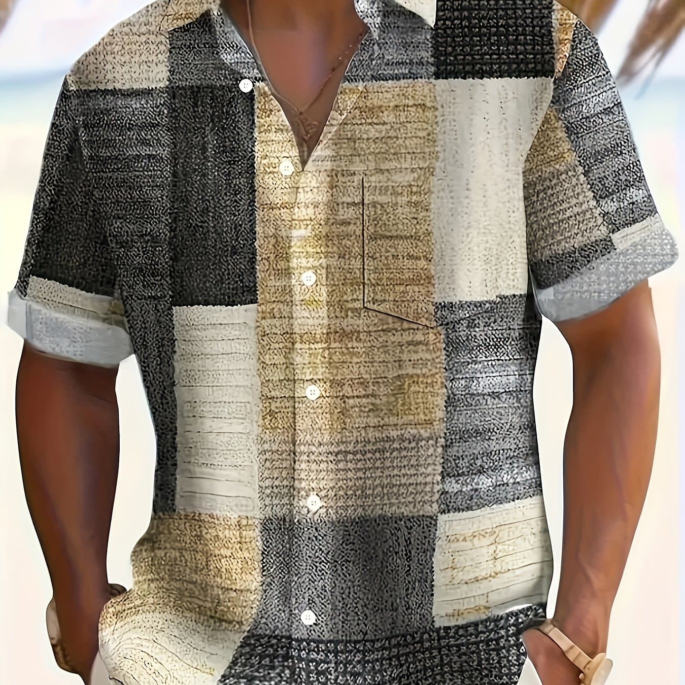 TEMU Men's Vintage Geometric Pattern Short Sleeve Button Up Casual Shirt With Pocket, Fashion Top For Outdoor Activities Holiday As Gifts