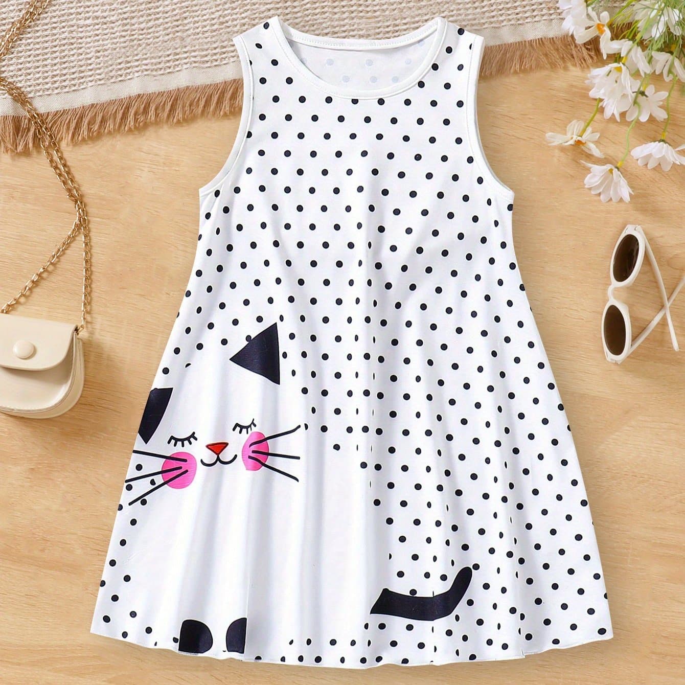 TEMU Girls' Spring/summer New Cute Cat Print Sleeveless Dress With Polka Dot Vest Skirt