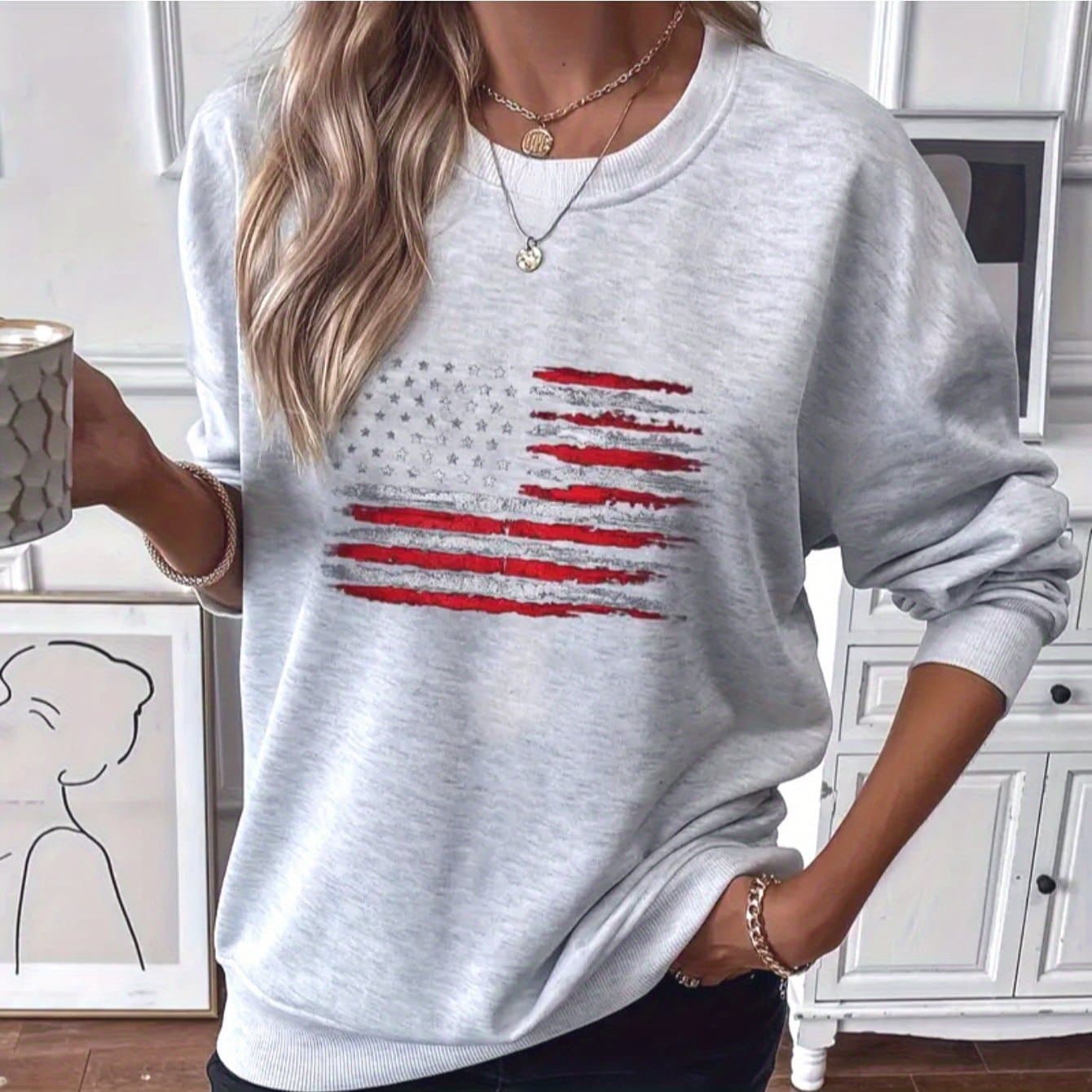 TEMU 1pc Women's Casual Crew Neck Sweater, American Flag Print Long Sleeve Pullover For Autumn/winter, Grey Sweatshirt