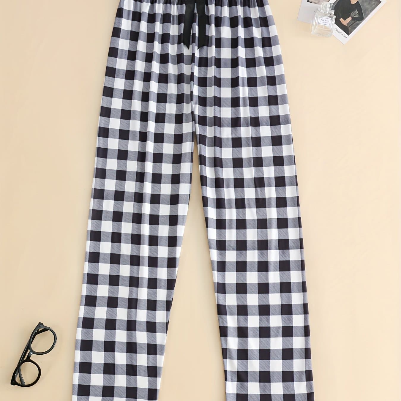 TEMU Spring Summer Women's Pants, Loose Casual Elastic Waistband With Bow Double-tone Checkered Print Women's Long Trousers, Soft And Comfortable For Free Wearing And Matching