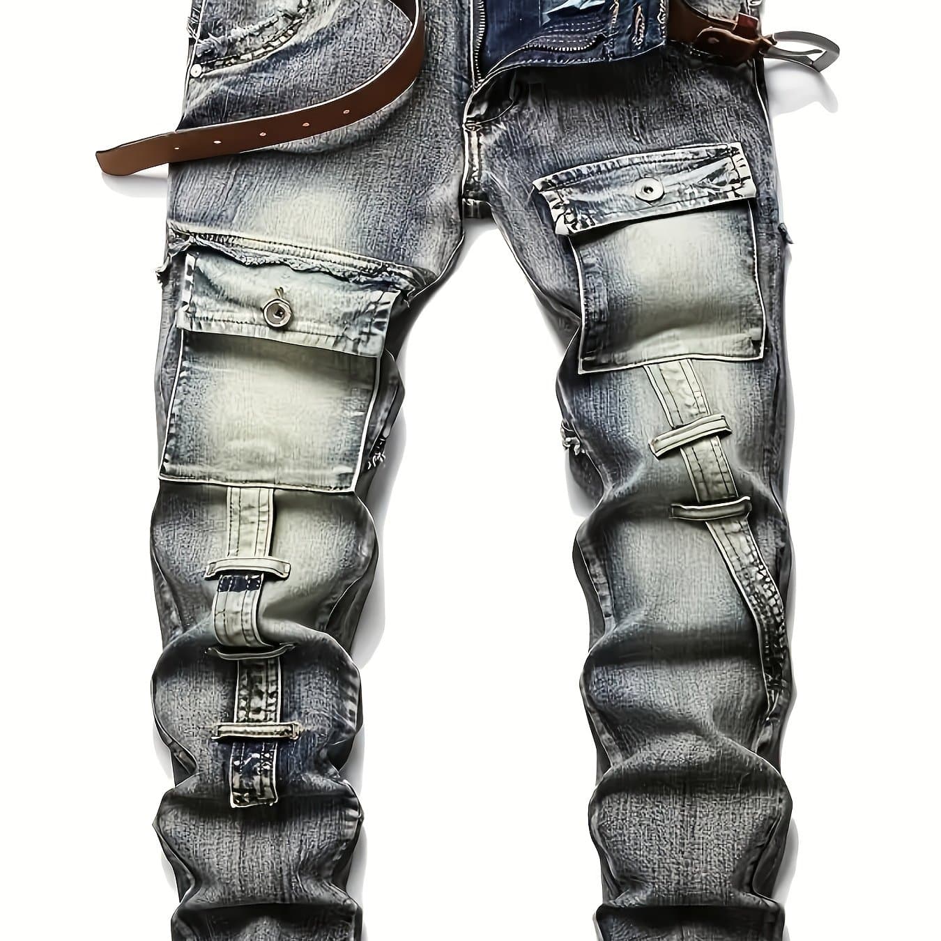 TEMU [hme] Men's Jeans, Workwear Style, Three-dimensional Cut And Multi-, Button Decoration, Fringed Hem, Mid-waist Elastic Slim Straight Leg, Suitable For All , Street Fashion Men's Denim Trousers