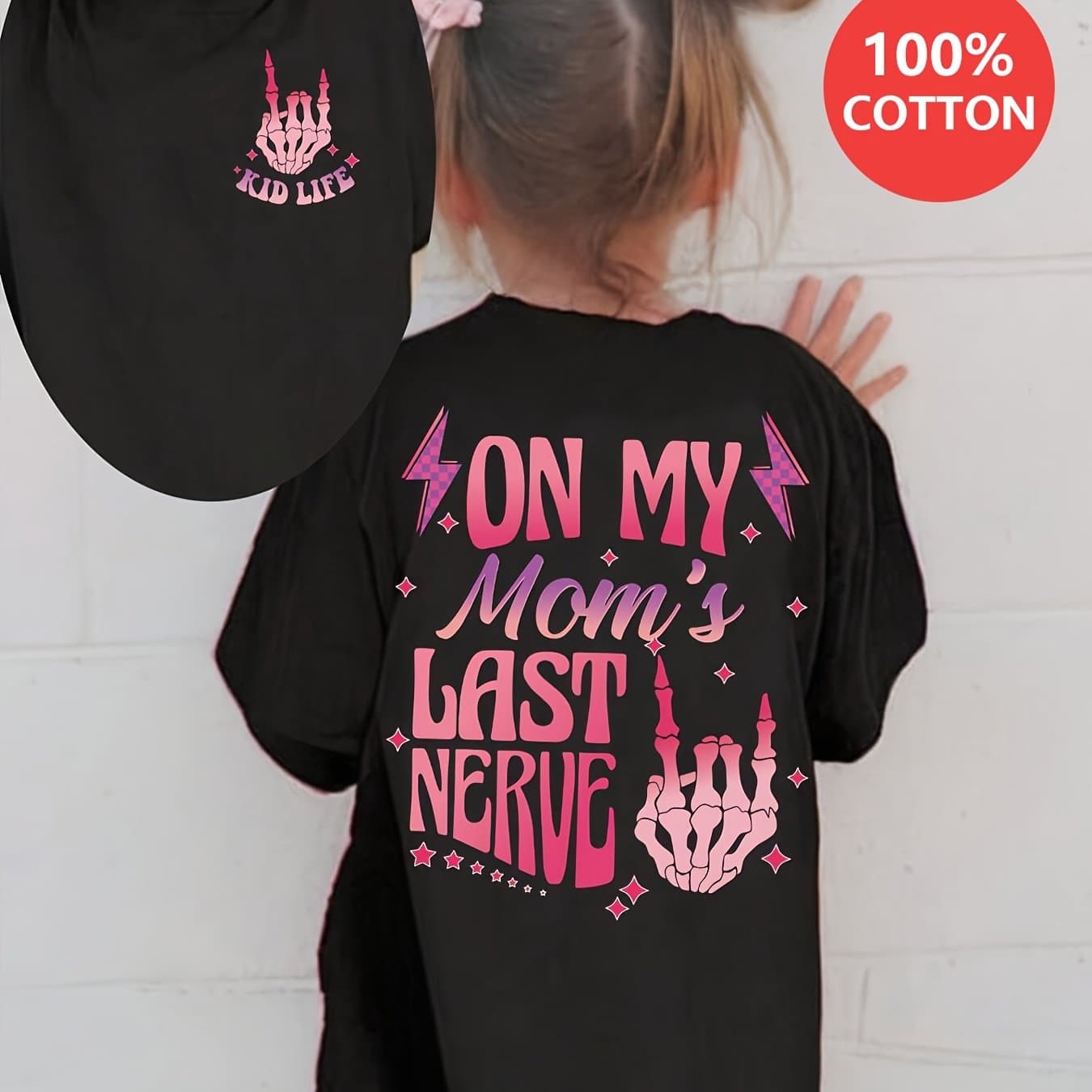 TEMU 'on Last Nerve' Fun Letter Print Girls 100% T-shirt - Casual Short Sleeve, Crew Neck, Summer Top For
