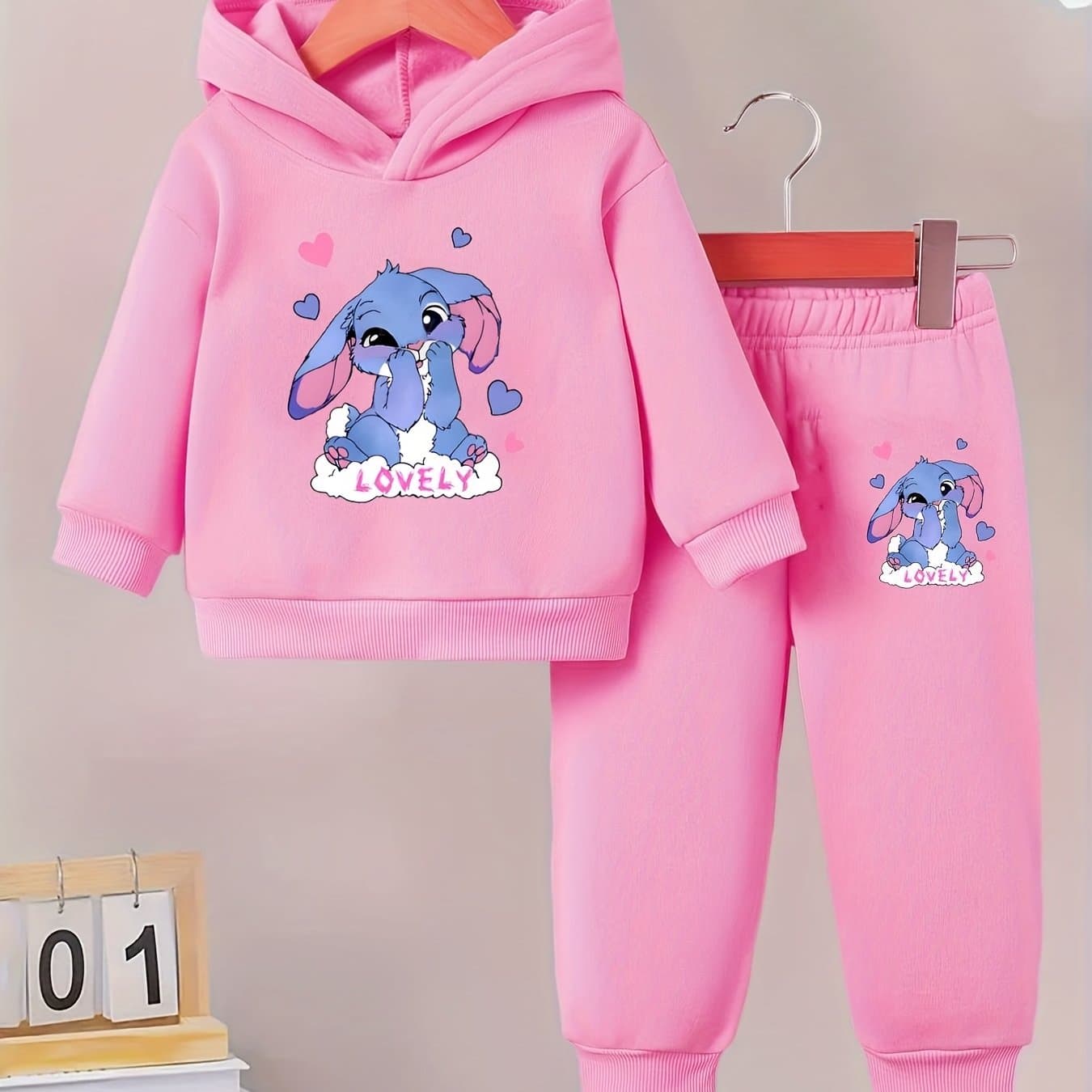 TEMU Autumn Style Infant And Toddler Baby Girl Cartoon Print Fleece Hooded Long-sleeved Sweatshirt And Sweatpants Cute Two-piece Set Targeted Development, For Outdoor