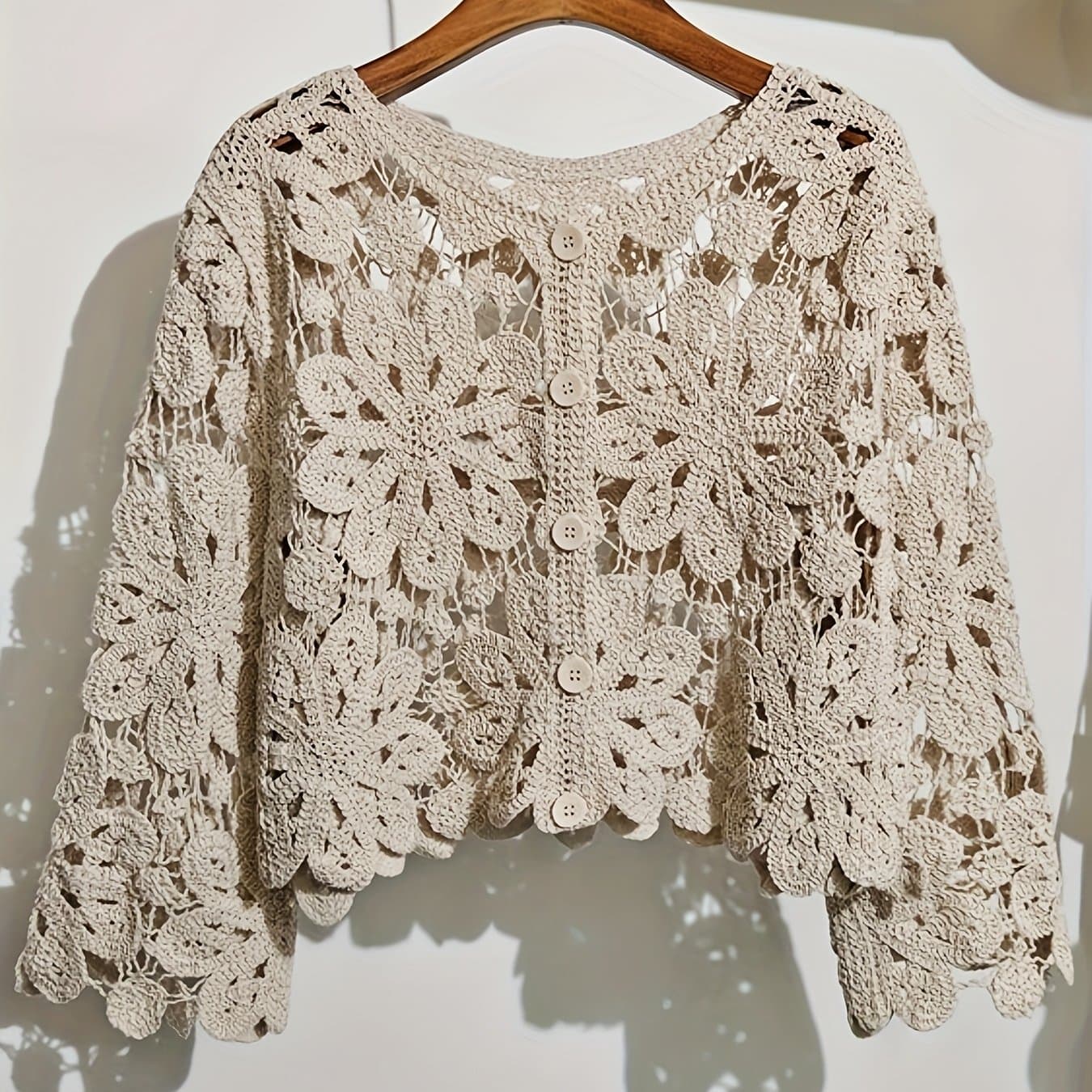 TEMU This Artistic Jacquard Cardigan Features Crocheted Openwork That Illustrates A Paradise. Detailed Embroidery That Looks Surrounds The Hem