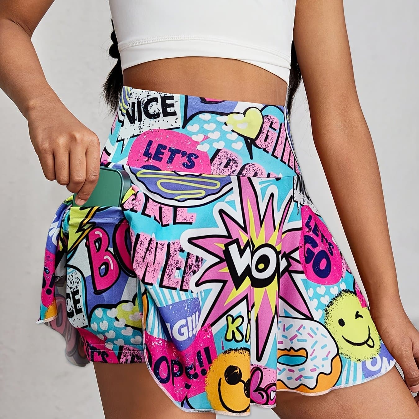 TEMU Girls' 110-150 Size Spring/summer Casual Cartoon Print High-waist Skort With Phone Pocket