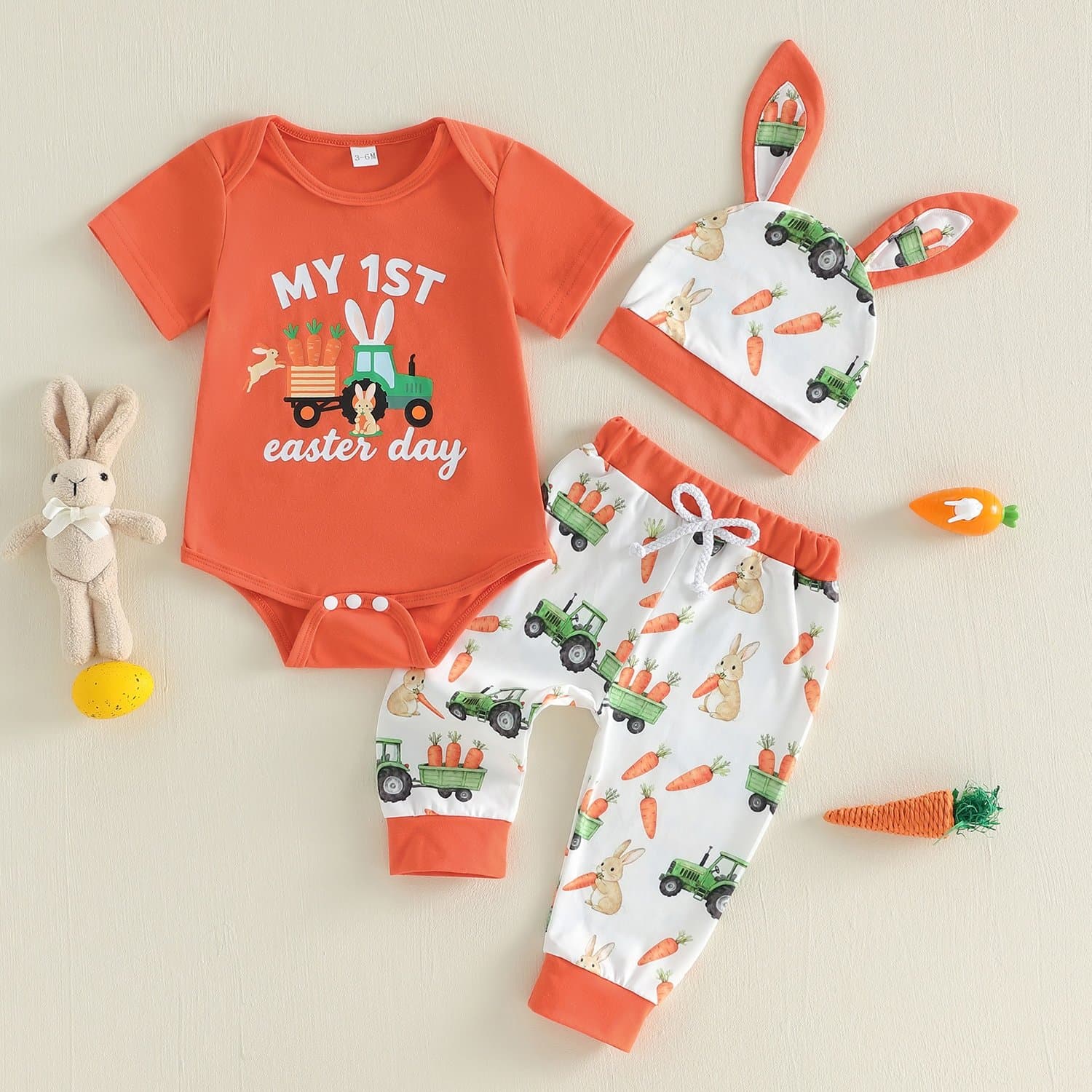 TEMU Baby Boys Easter Outfit Sets | Short Sleeve Crew Neck Truck Print Romper Pants And Hat |, Slight Stretch, Conventional Fit, For Toddler Boy, For Outdoor