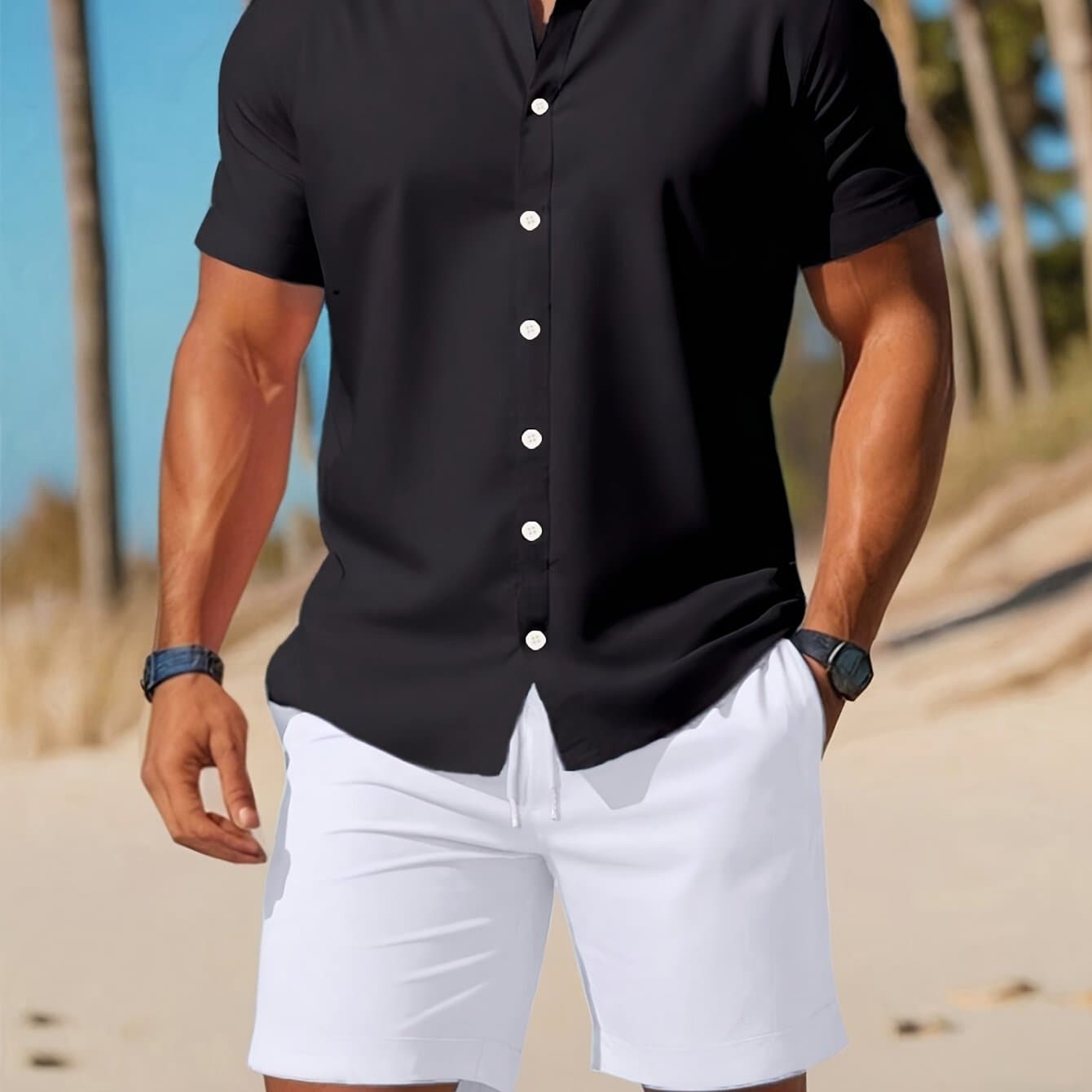 TEMU Men's Summer New Casual Outdoor Vacation Solid Short Sleeve Shirt