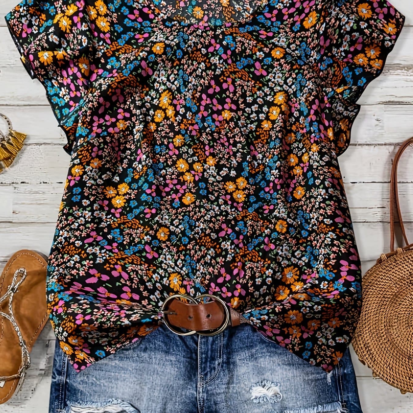 TEMU Floral Print Round Neck Casual Shirt Summer Style