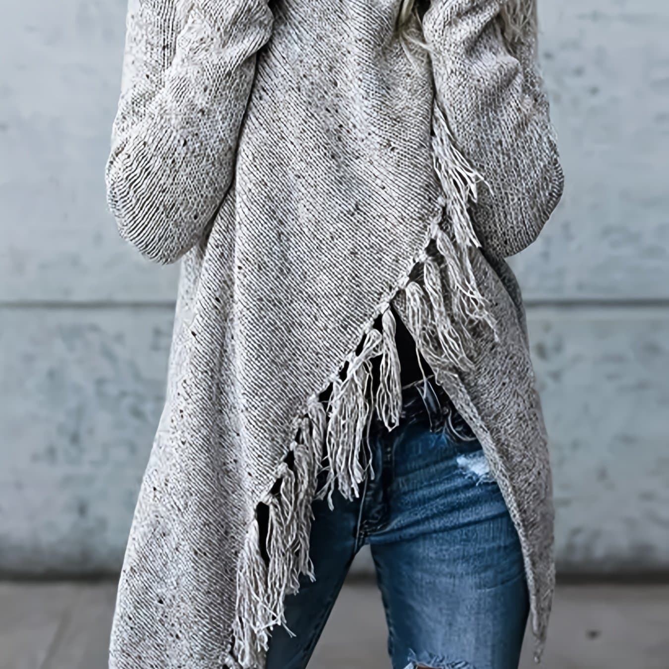 TEMU Gray Tassel Jacket Style Irregular Women's Sweater With Oversized V-neck And Tassel , Fashionable Autumn And Winter Sweater Pullover