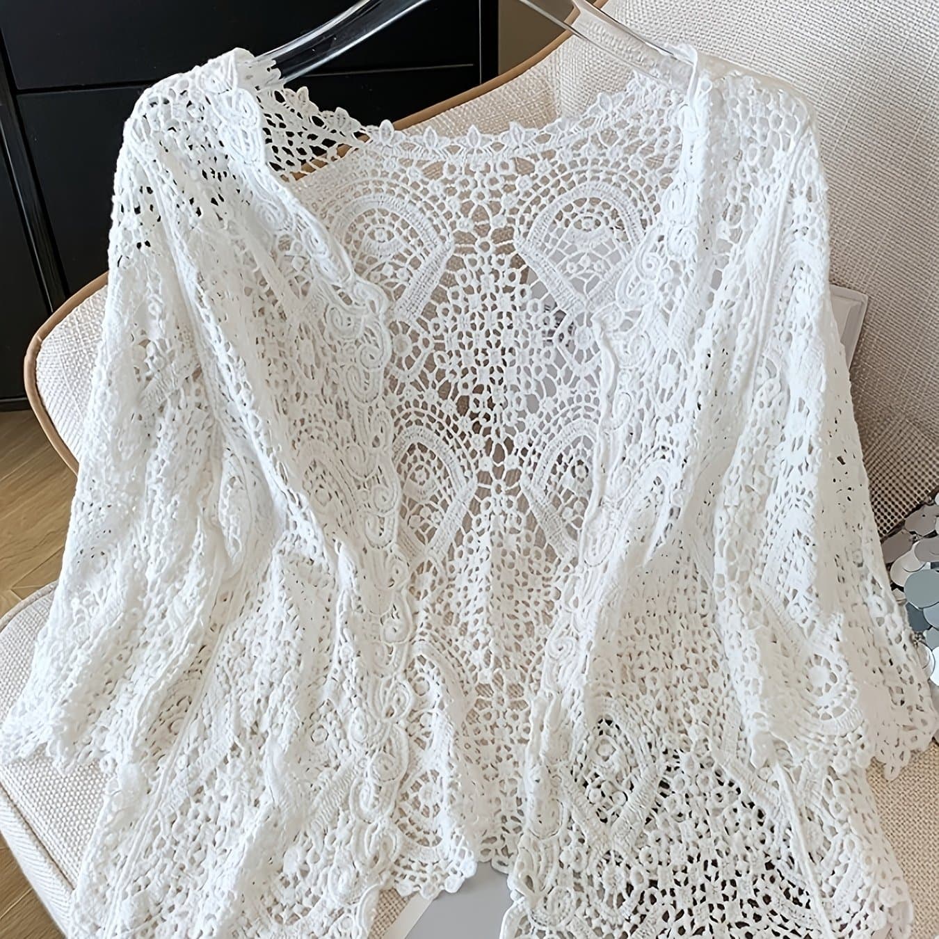 TEMU Bohemian Ethnic Style Casual Hollow-out Five-quarter Sleeve Cardigan