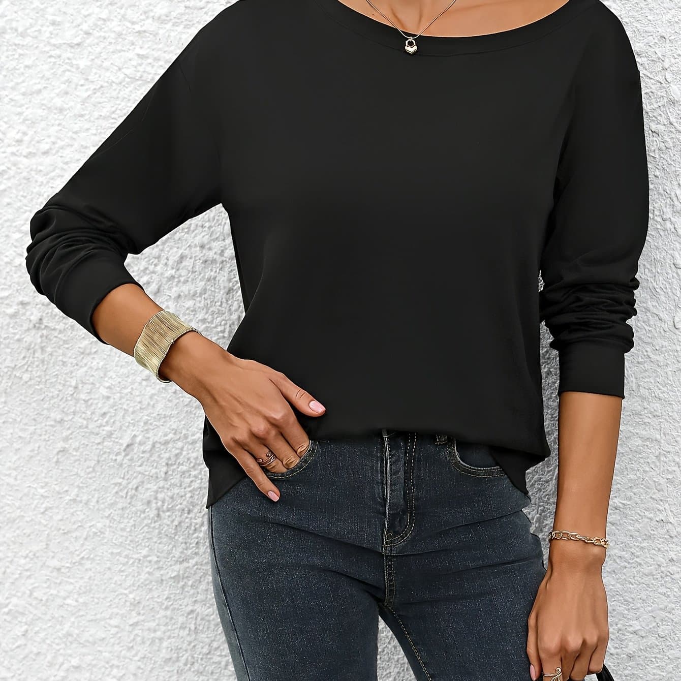 TEMU Solid -shoulder Top, Casual Long Sleeve Top For Spring & Fall, Women's Clothing