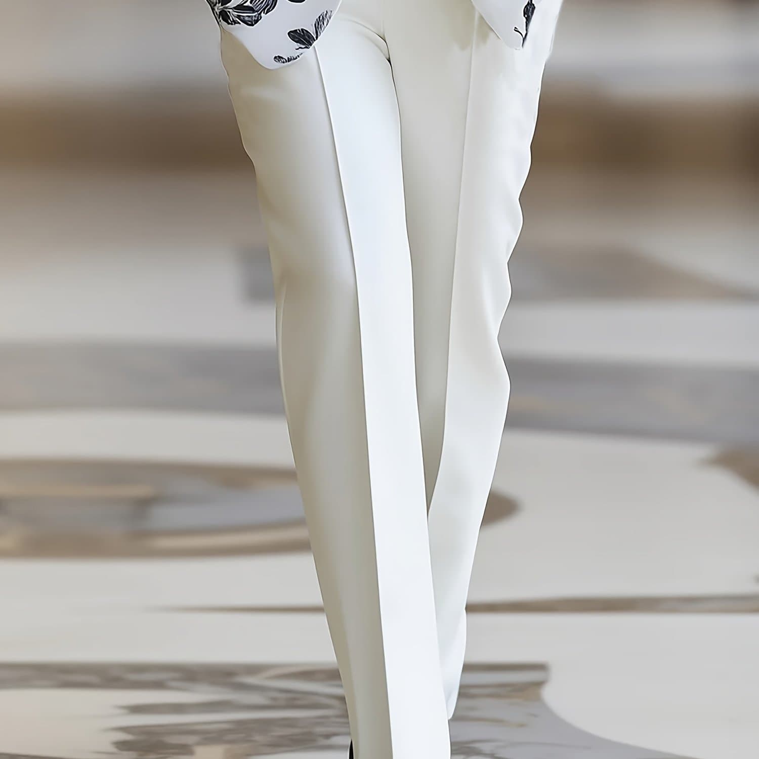 TEMU Elegant Casual Solid Color Women's Suit Trousers, Button Zipper Half Elastic Bottoms, Suitable For All