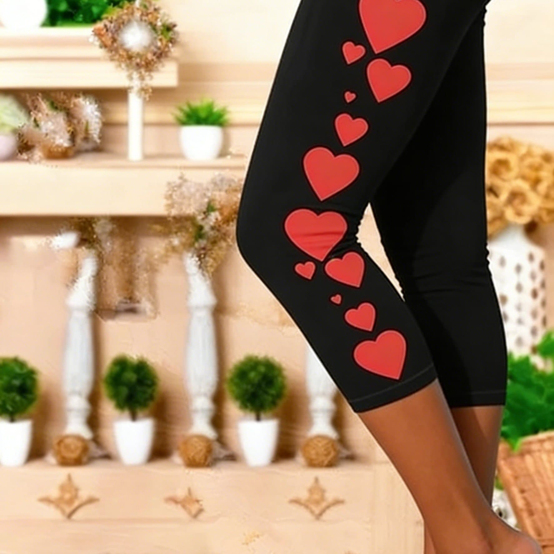 TEMU A Pair Of Valentine's Day Fashion Heart-print Leggings, Seasonal Women's Stretch-waist Printed Cropped Pants, Stylish Casual Everyday Drawstring Pants, Made Of Fabric, Suitable For All