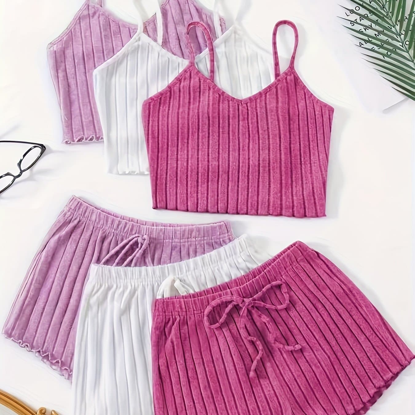 TEMU A Set Of 6 Sleepwear Consisting Of Solid Color Light Purple, White, And Dark Purple Camisole Shorts For Women