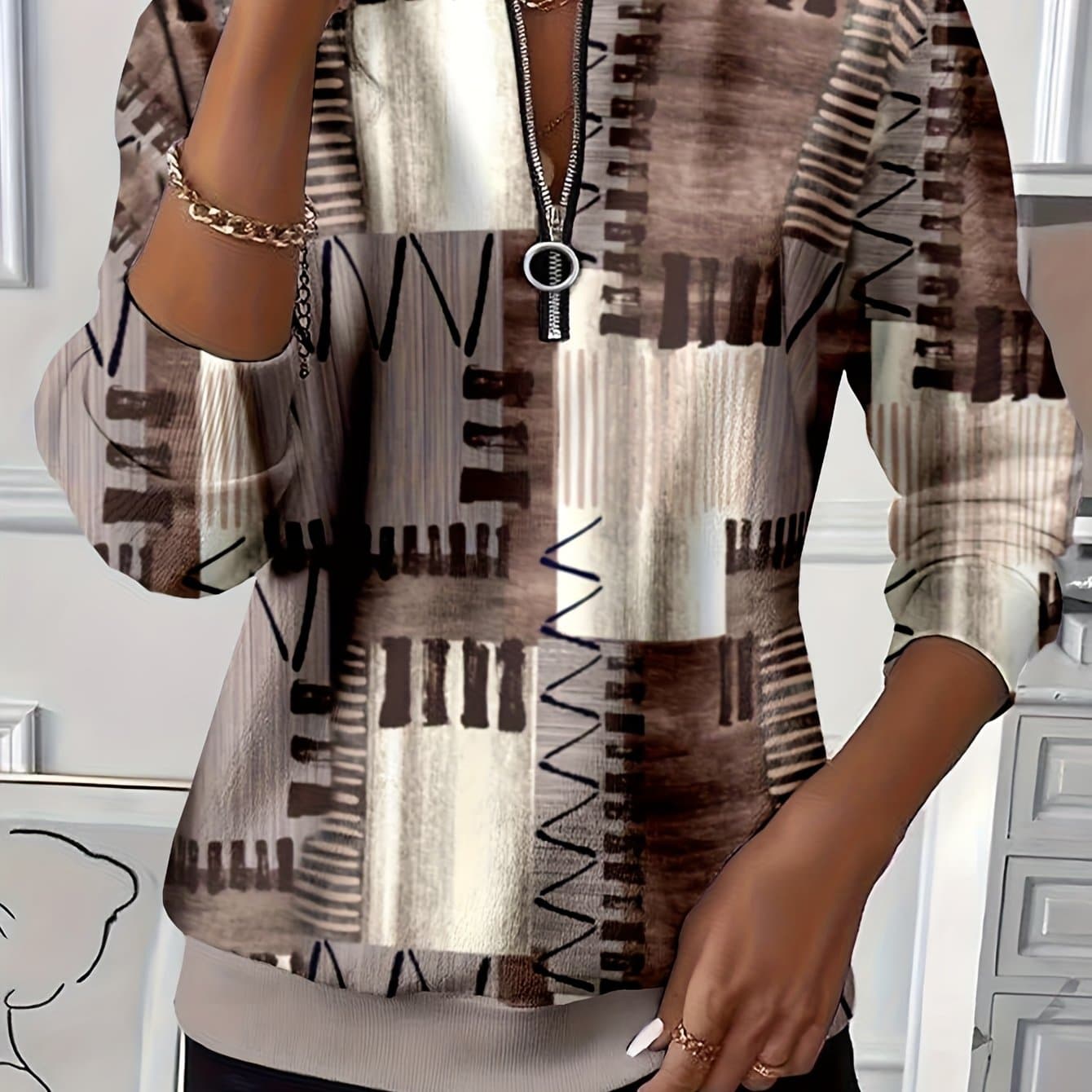 TEMU New Autumn And Geometric Pattern Splicing Design Suitable For Daily Commuting, , , Women's Zipper Long Sleeved Hoodie