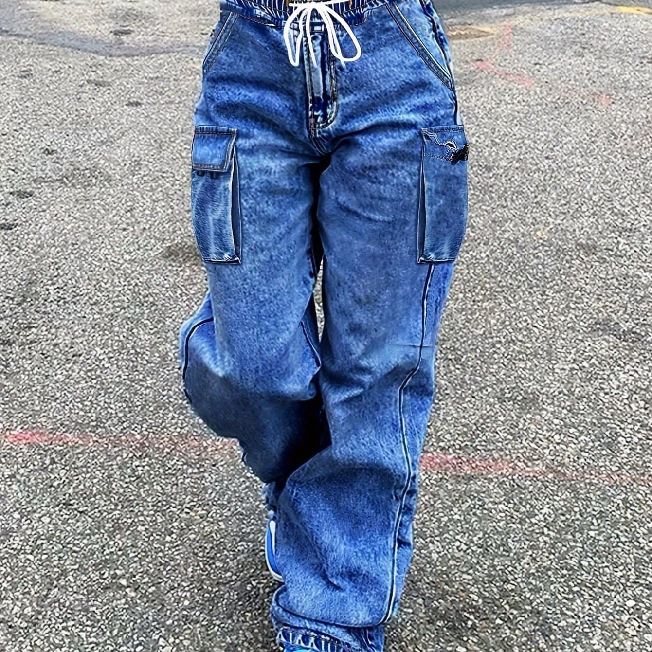TEMU Women's Mid-rise Cargo Jeans Featuring An Elastic Waistband, Stretchy Wide-leg Design, And Pockets, Perfect For Baggy Streetwear In Y2k Style